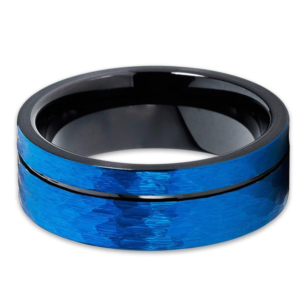 8mm Blue Tungsten Wedding Ring for Men & Women - Comfort Fit Hammered & Brushed Finish - Anniversary, Engagement, Promise Ring - Perfect for Everyday Wear & Special Occasions