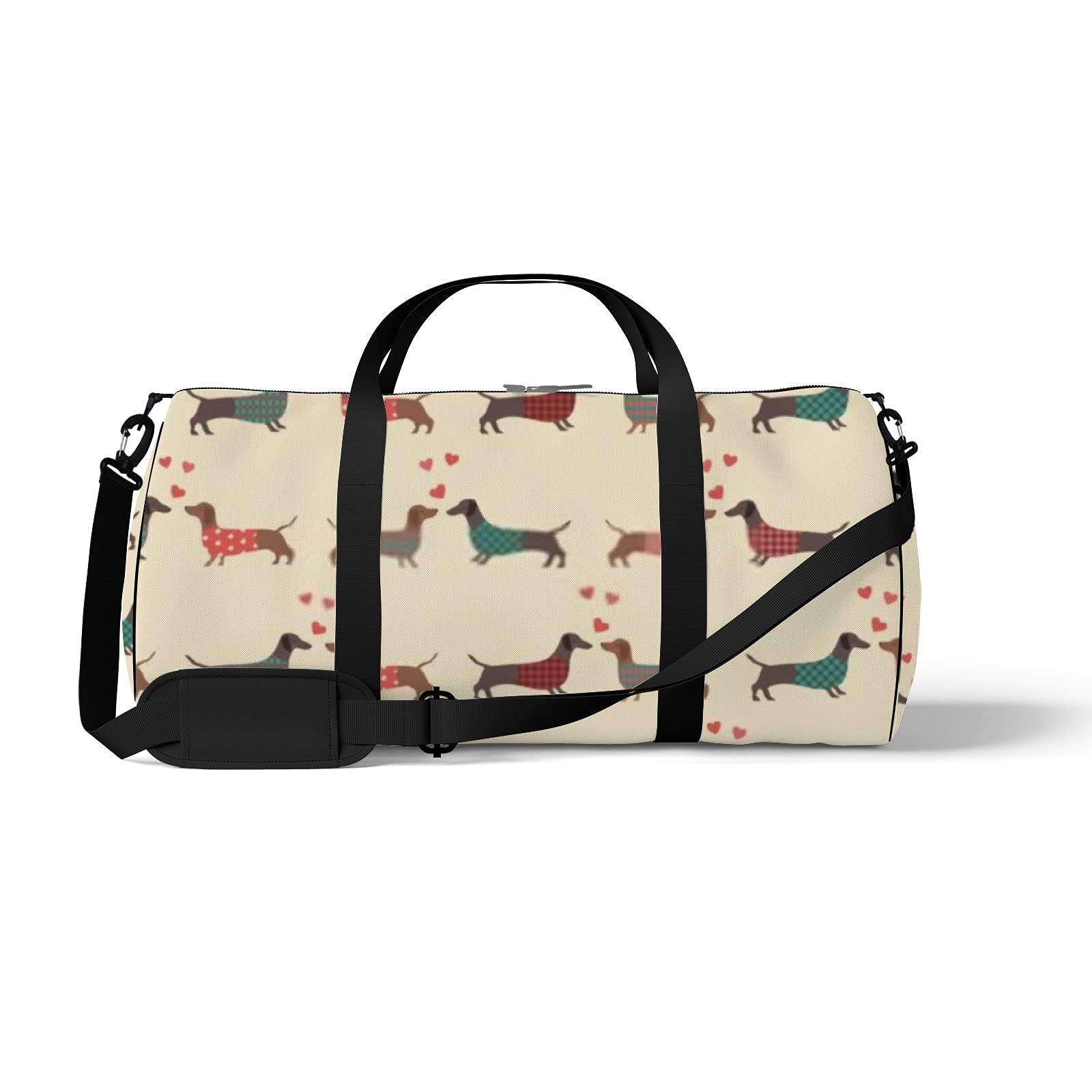 Waterproof Dachshund Print Sports Tote Bag with Red Hearts - Gym Shoulder Bag with Zipper & 2 Side Pockets for Men & Women | Perfect for Workouts, Travel & Storage | Cute Animal Design for Dog Lovers