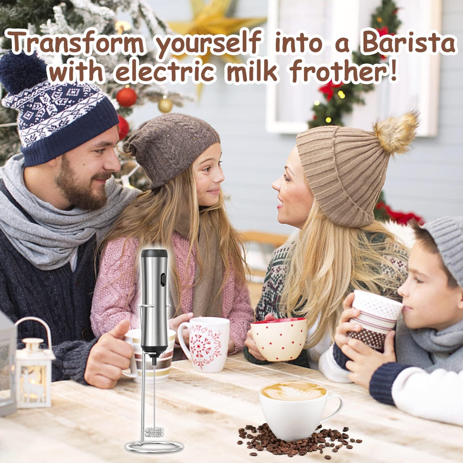 Rechargeable Milk Frother Handheld - Electric Coffee Mixer with Stand & Detachable Stainless Steel Whisk for Lattes, Cappuccino, Matcha - Perfect for Home, Office & Coffee Shops (Stainless Steel)