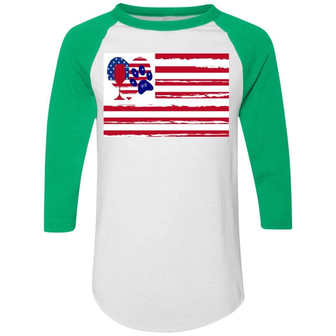 American Flag Wine Paw Heart Colorblock Raglan Jersey - Patriotic Comfort Wear for Casual Outings & Wine Tasting Events