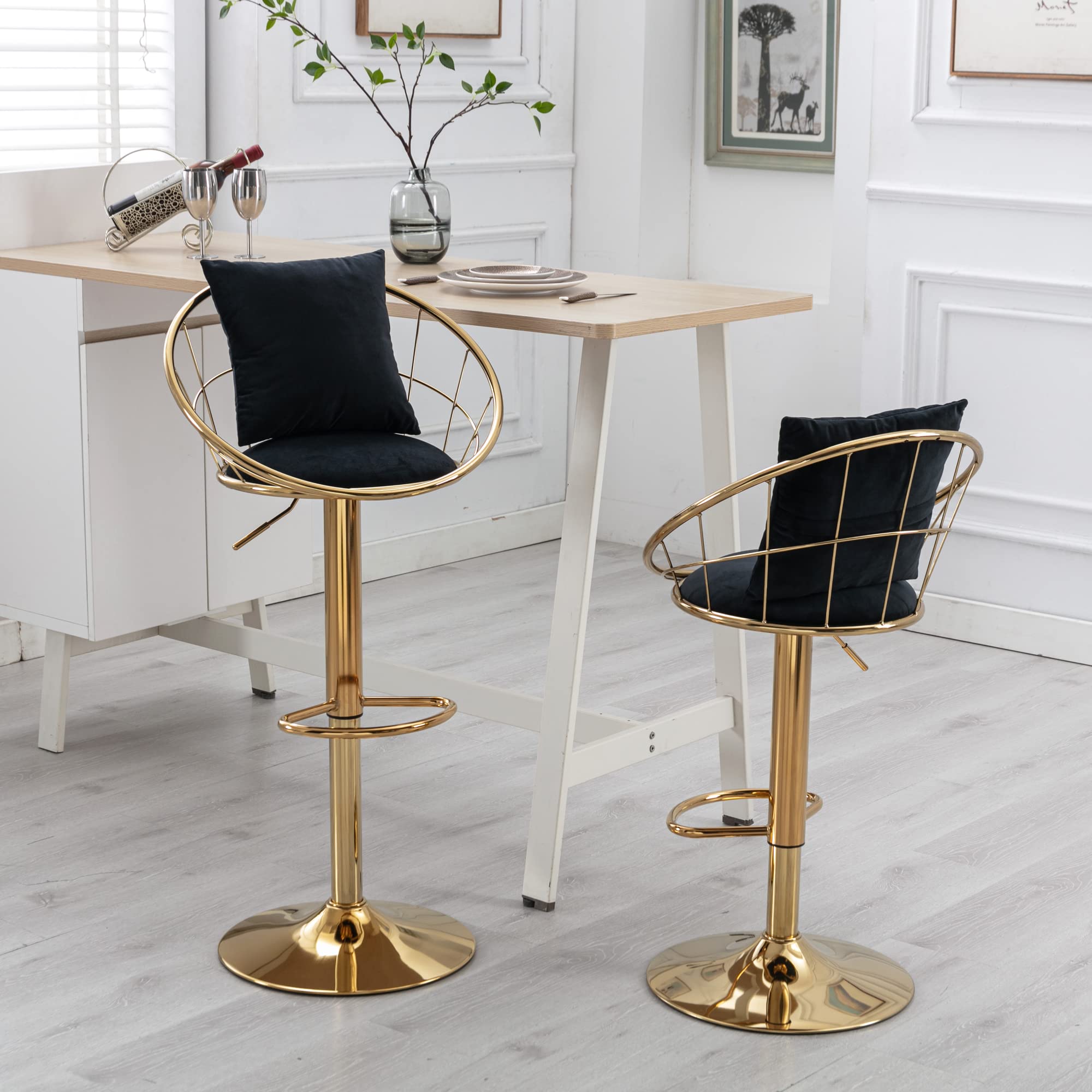 Modern Gold Bar Stools Set of 2 - 360° Swivel Adjustable Height Counter Stools with Net Back & Velvet Cushion - Upholstered Bar Chairs for Kitchen, Bistro, Pub, Dining Room - Perfect for Home Bars, Breakfast Nooks & Entertainment Spaces (Black)