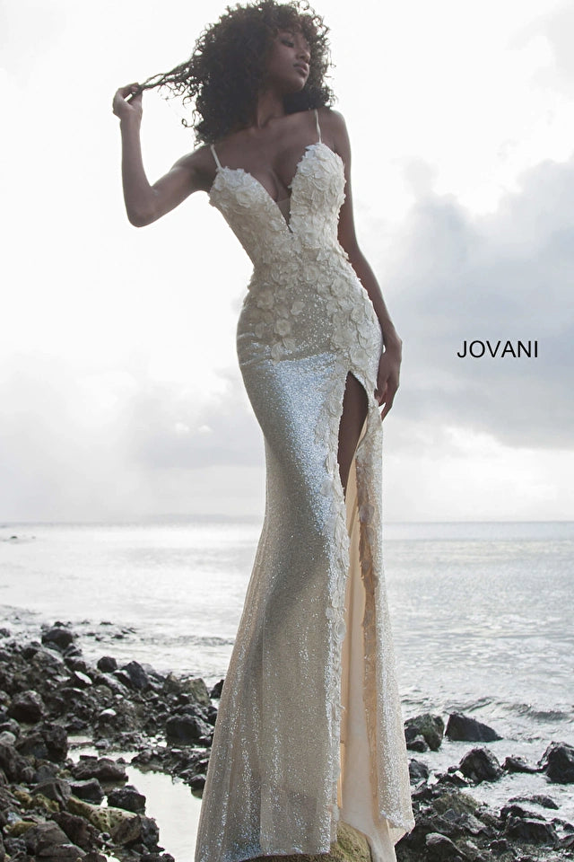 Anastella Deep V-Neck Floral Evening Gown - Jovani 1012 | Elegant Formal Dress for Prom, Wedding Guest & Special Occasions