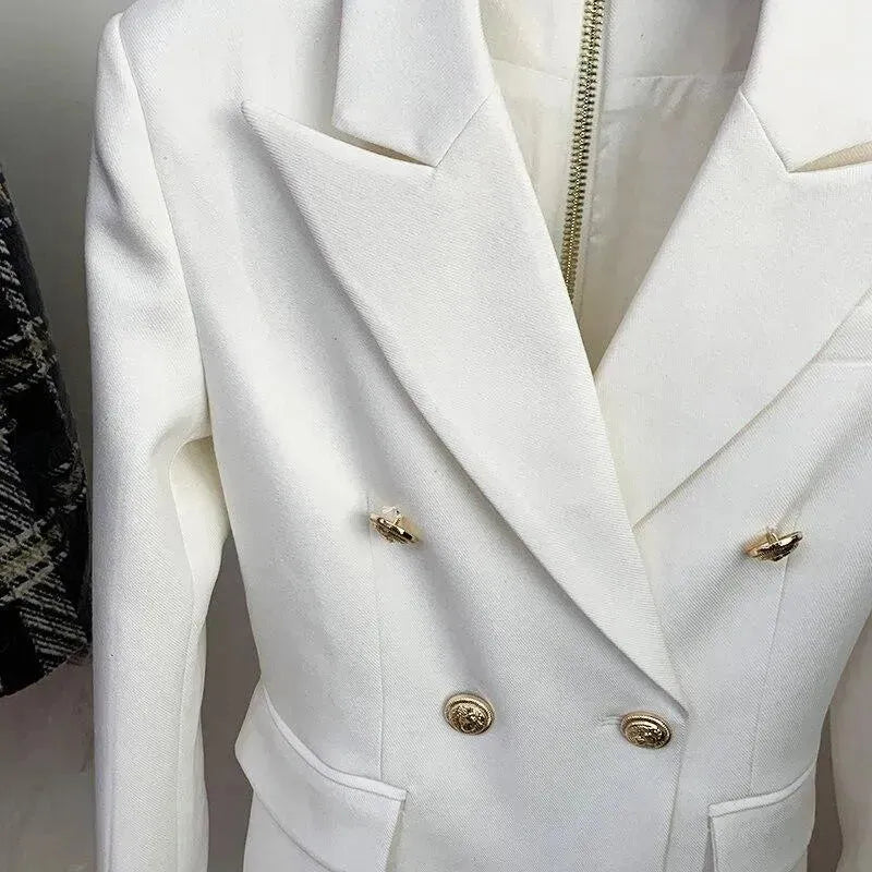 Lion Buttons Notched Blazer Dress for Women - Elegant Office Wear & Business Attire - Perfect for Work, Meetings, and Formal Events