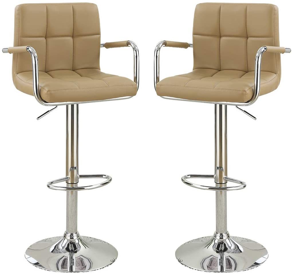 Brown Faux Leather Bar Stools Set of 2 - Adjustable Height Counter Stools with Armrests for Kitchen Island, Breakfast Bar & Home Decor