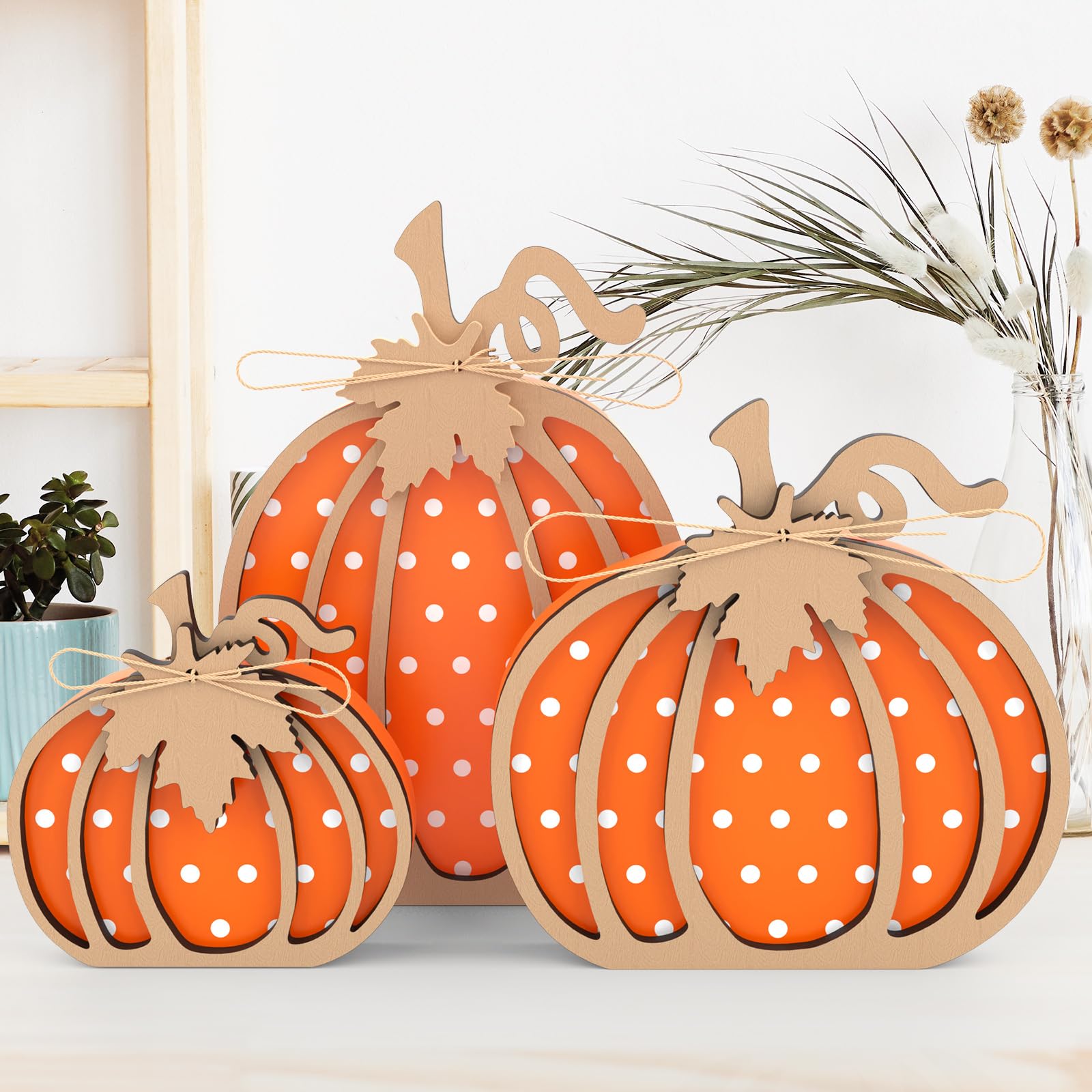 3 Pcs Wooden Pumpkin Decor for Fall & Thanksgiving - Rustic Autumn Table Centerpiece, Fireplace Mantel, Shelf & Bedroom Decorations - Perfect for Seasonal Home Styling