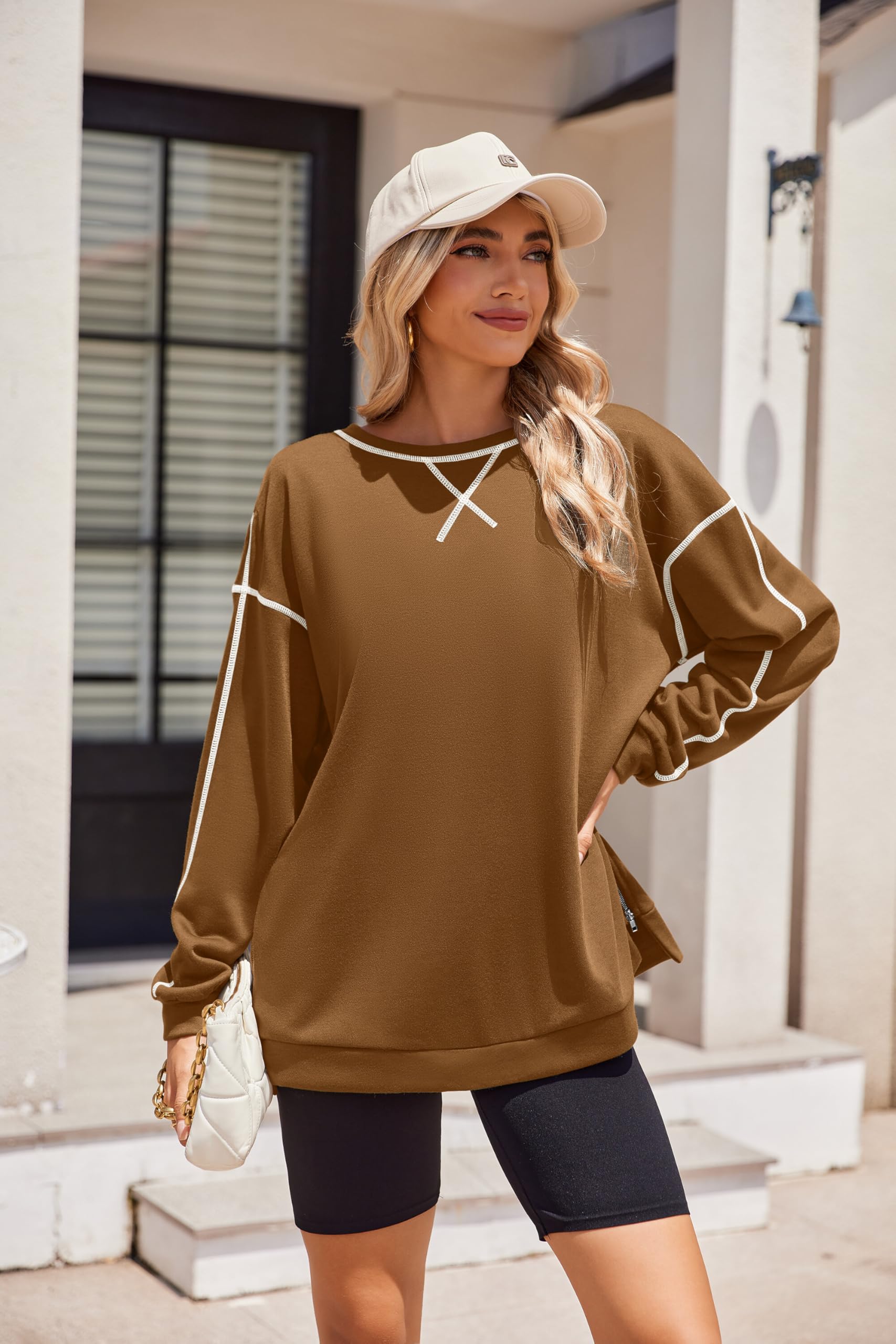 Zeagoo Women's Oversized Sweatshirt Long Sleeve Crewneck Pullover Top with Side Zip - Trendy Fall Winter Hoodie for Casual Wear, Street Style & Going Out