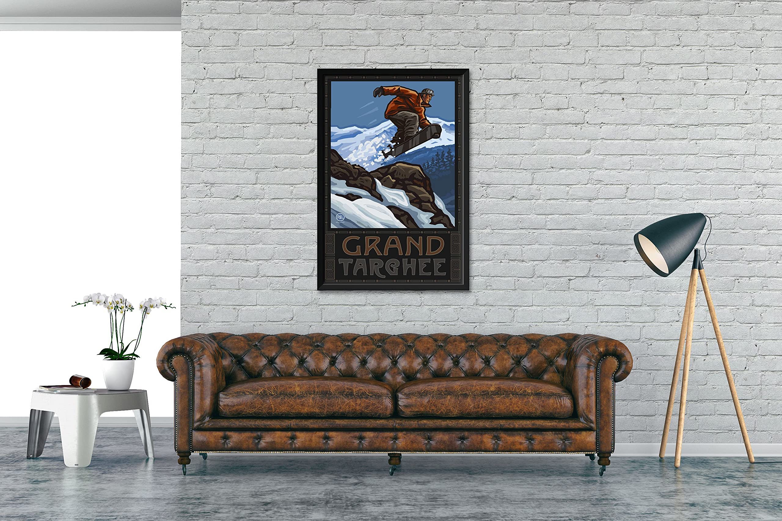 Professional Framed Art Print of Snowboarder Jumping at Grand Targhee Wyoming - 32x47 Inch Wall Decor by Artist Paul A. Lanquist - Perfect for Ski Lodge, Mountain Cabin or Sports Enthusiast Home Decor
