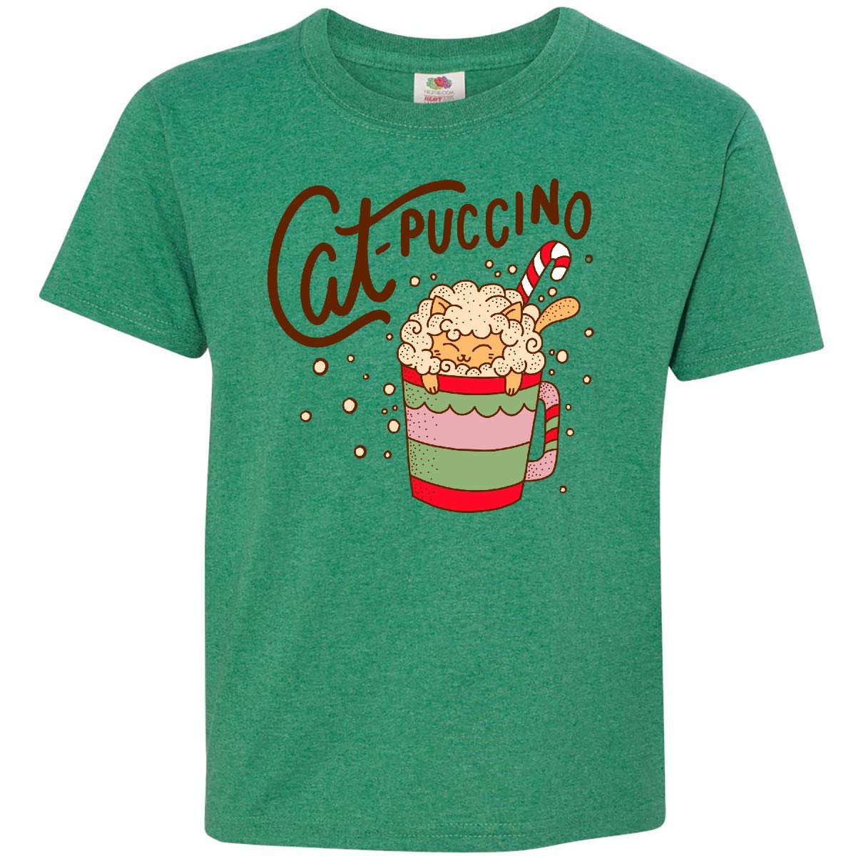 Christmas Cat-Puccino in Coffee Mug with Candy Cane Youth T-Shirt | Holiday Gift for Kids | Festive Cat Lover Apparel for Christmas Parties & Family Gatherings