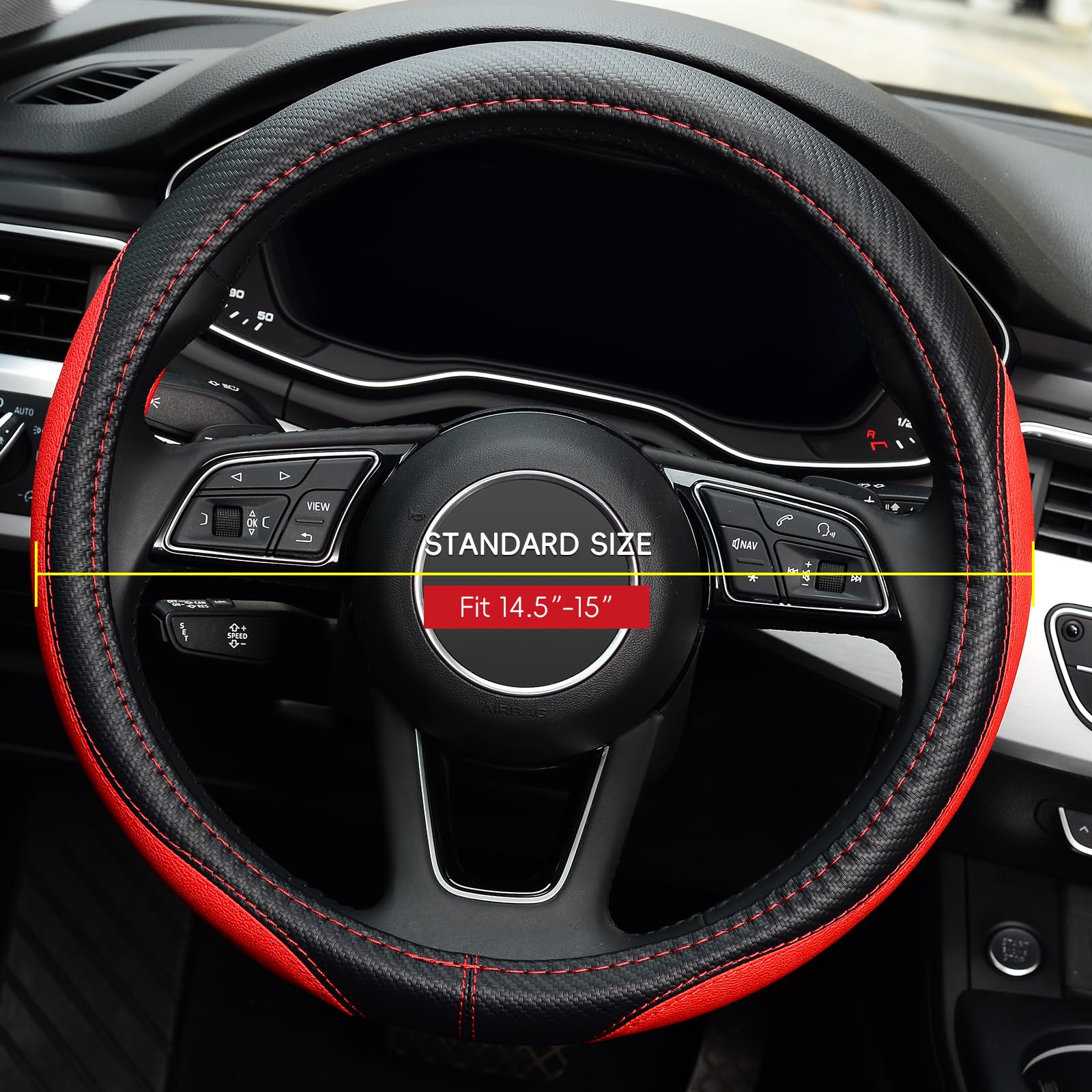 Premium Microfiber Leather Steering Wheel Cover - Universal 15 Inch Anti-Slip Grip for Cars, SUVs & Trucks (Red) - Perfect for Commuting, Road Trips & Enhanced Driving Comfort