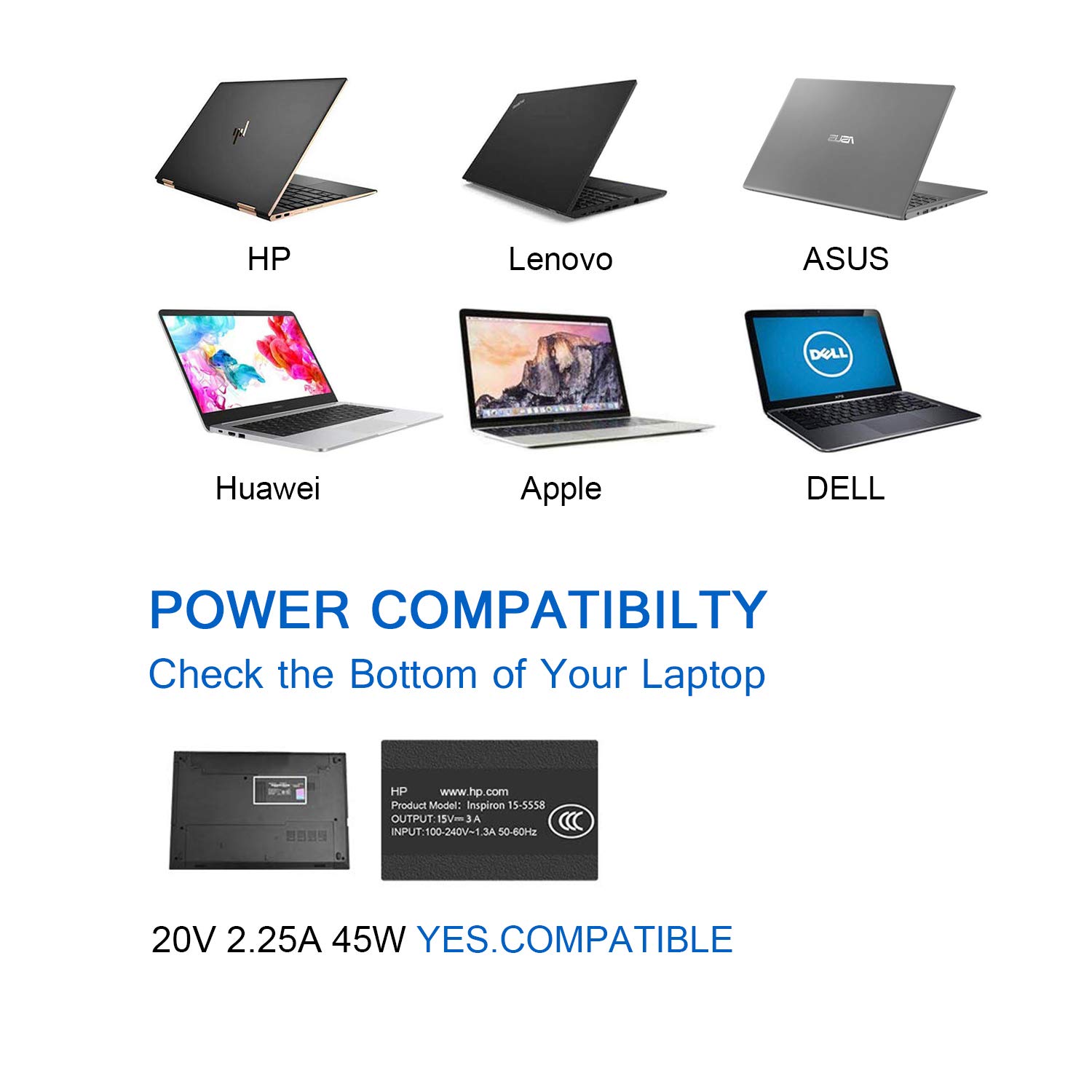 45W USB-C Universal Laptop Charger for Chromebook, HP, Lenovo, Dell, Acer, Asus, Samsung - Fast Charging Power Adapter for Work, Travel & Home Use