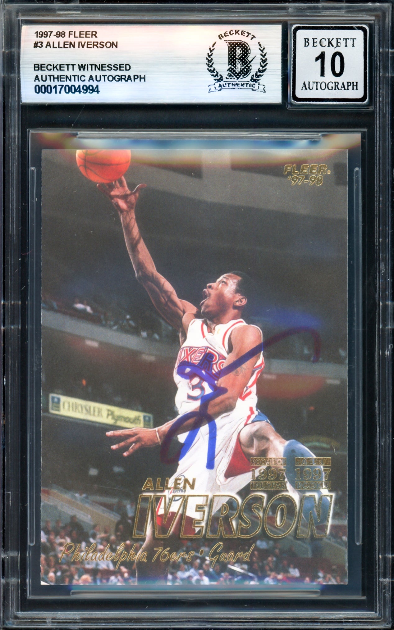 Allen Iverson Autographed 1997-98 Fleer Basketball Card #3 - Philadelphia 76ers - Beckett BAS Gem Mint 10 Grade - Witness #17004994 - Perfect for NBA Memorabilia Collectors & Sports Fans Display