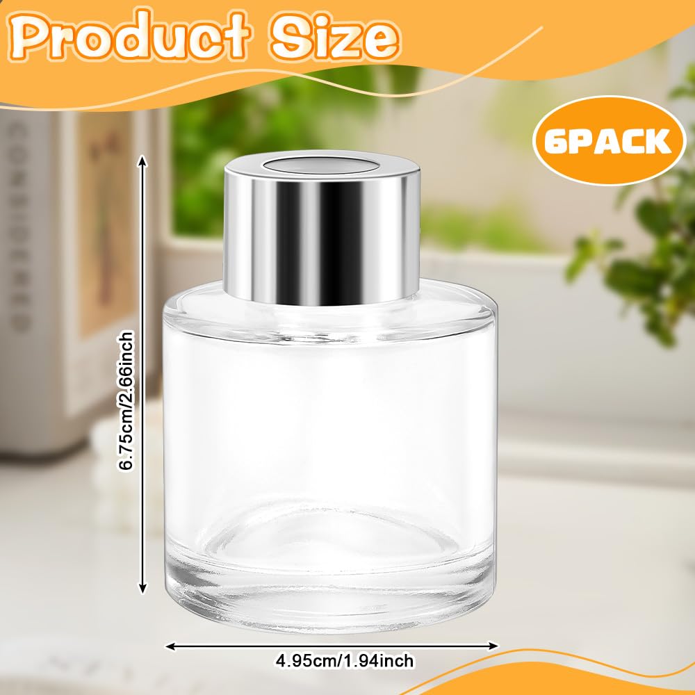 EMAGEREN 6-Pack 50ml Clear Glass Diffuser Bottles - Round Empty Essential Oil Bottles for Aromatherapy, Home Fragrance & Perfume - Perfect for DIY Blends, Reed Diffusers & Gift Sets