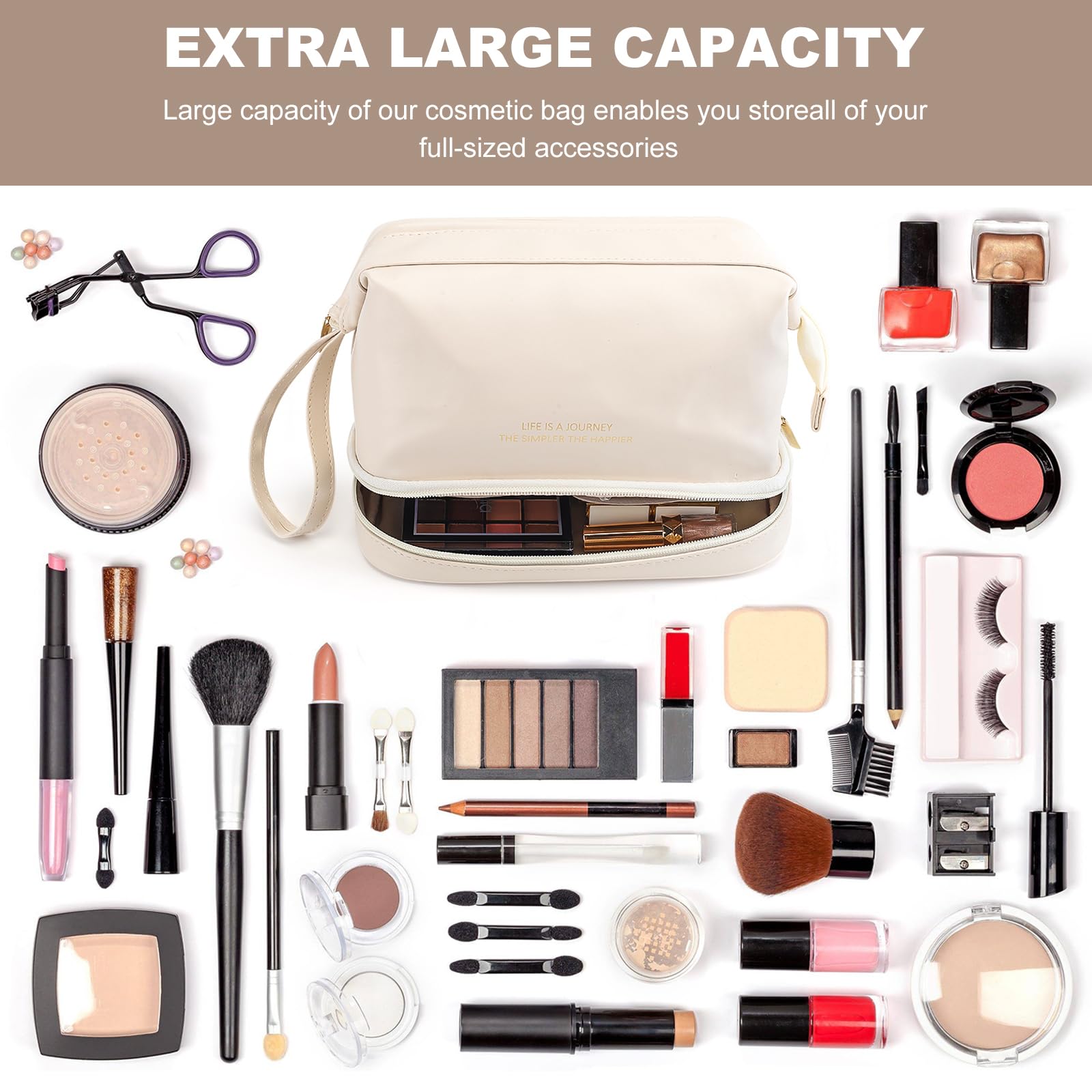Premium Leather Cosmetic Travel Bag for Women - Double Layer Large Makeup Organizer with Waterproof Toiletry Pouch | Perfect for Vacation, Business Trips & Gym Essentials (White)