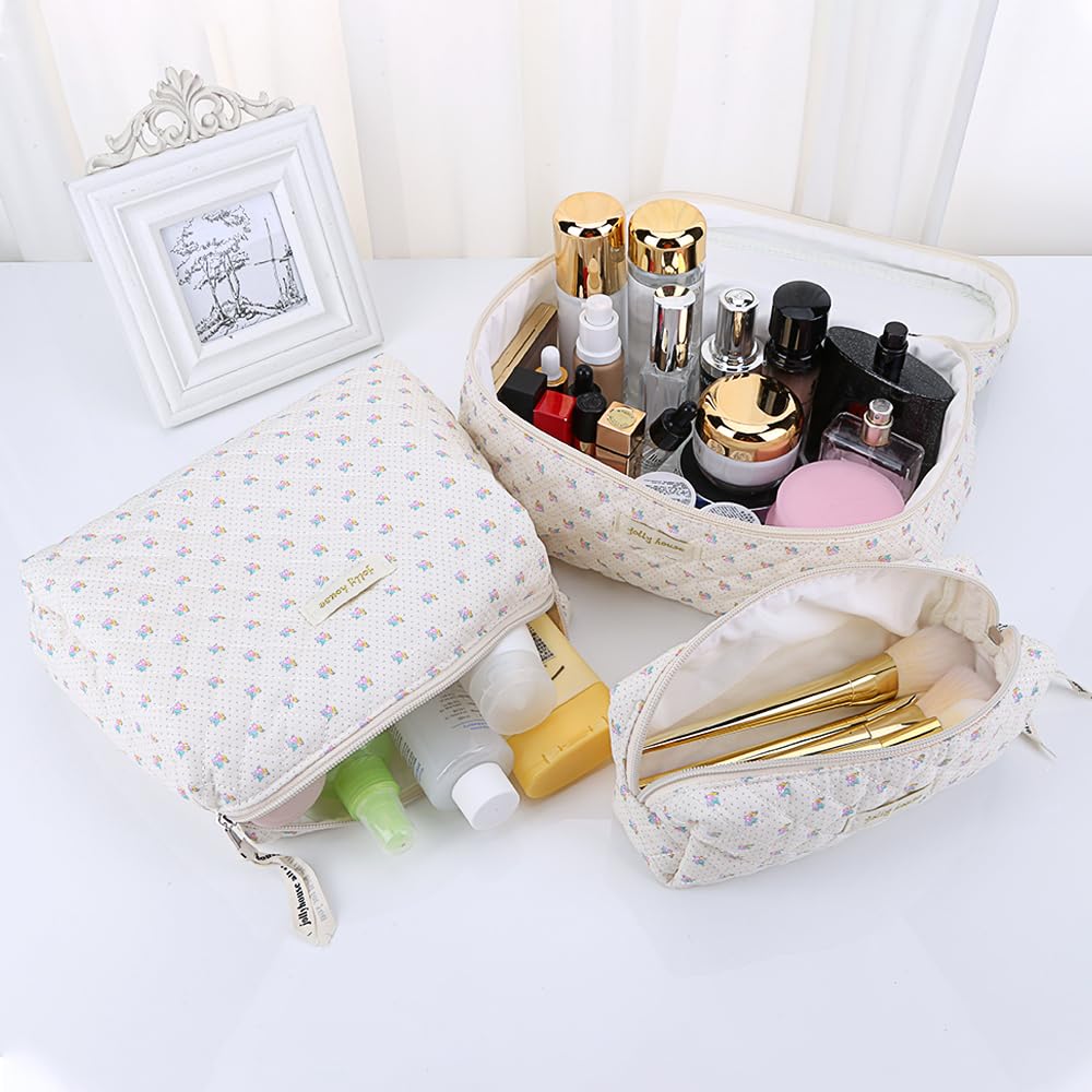 Cessfle 3PCS Cotton Quilted Makeup Bags Set - Cute Floral Cosmetic Organizer for Women | Large Coquette Aesthetic Travel Makeup Pouch | Perfect for Travel, Gym & Daily Beauty Essentials