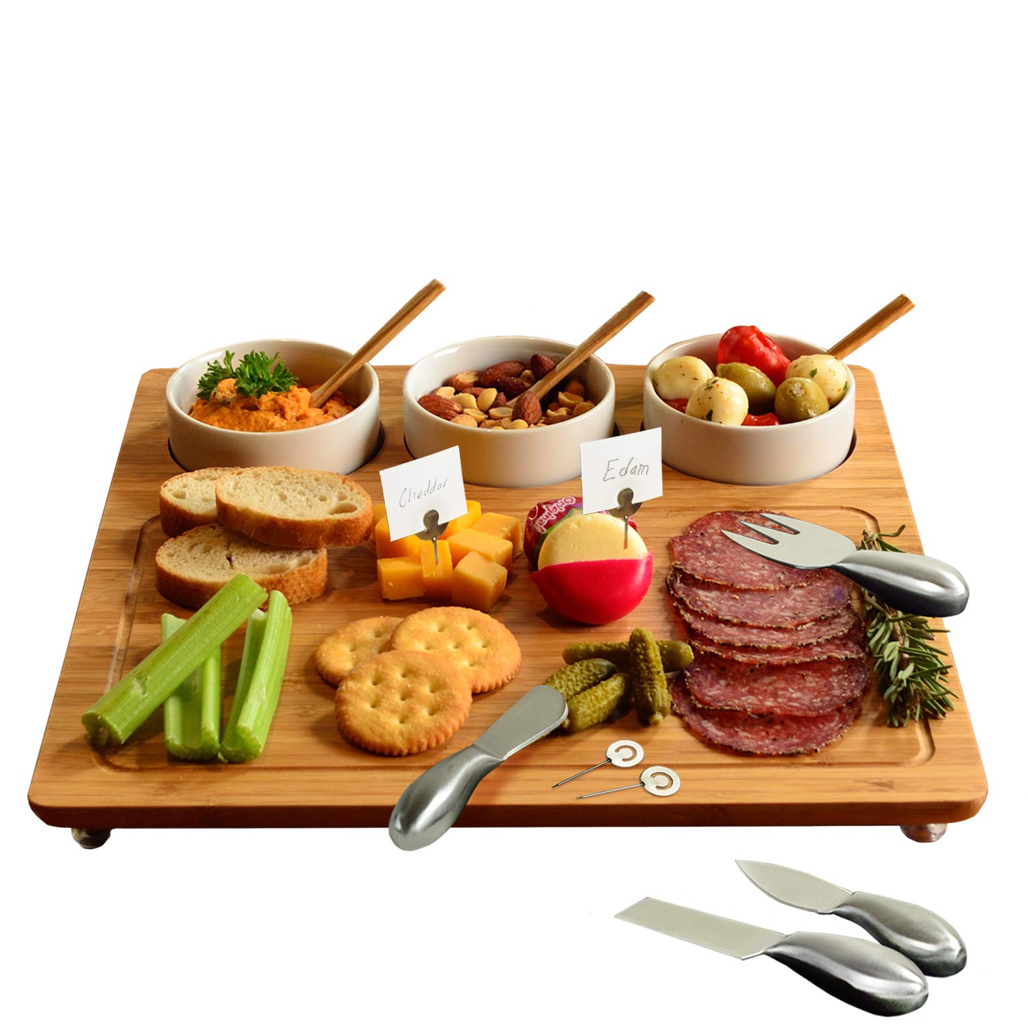 Premium Bamboo Cheese Board & Charcuterie Platter Set with 3 Ceramic Bowls, Bamboo Spoons, Stainless Steel Cheese Tools & Markers - Handcrafted in USA - Perfect for Wine Tasting, Picnics & Entertaining Guests