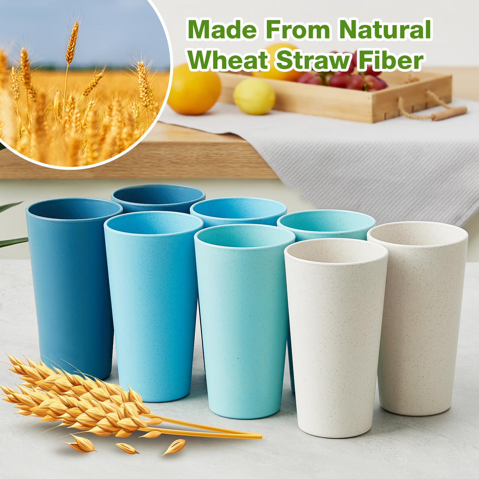 **8-Pack Wheat Straw Cups - 20oz Unbreakable, Chip-Resistant, BPA-Free Reusable Tumblers for Water, Juice & Smoothies - Dishwasher & Microwave Safe - Perfect for Kitchen, Camping, Travel & Outdoor Activities**