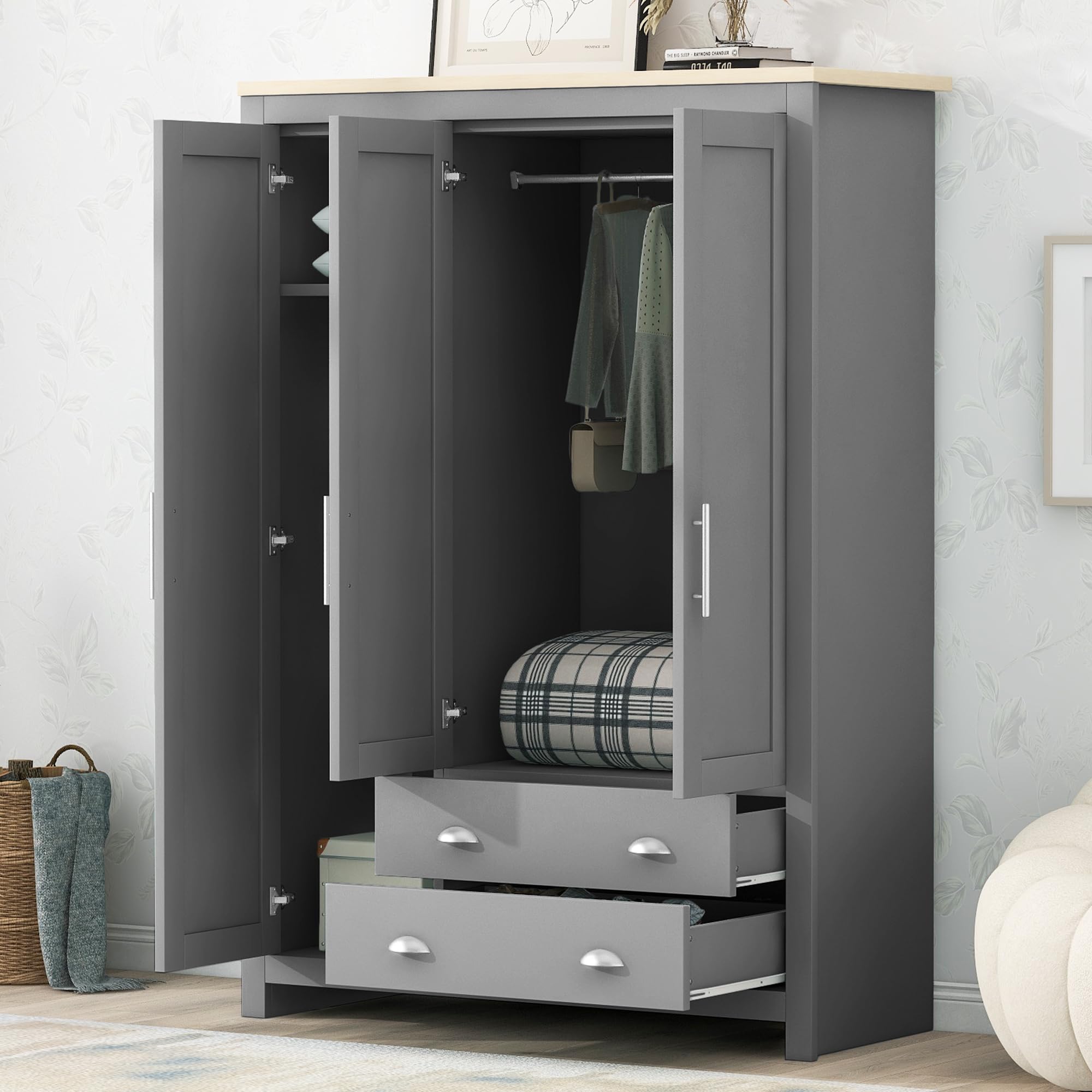 Merax 3-Door Grey Wood Wardrobe Cabinet - Bedroom Closet Organizer with Large Drawers, Hanging Rails & Shelves | Functional Clothes Storage for Home, Dorm, Apartment (Gray) | Perfect for Small Spaces & Modern Bedroom Decor