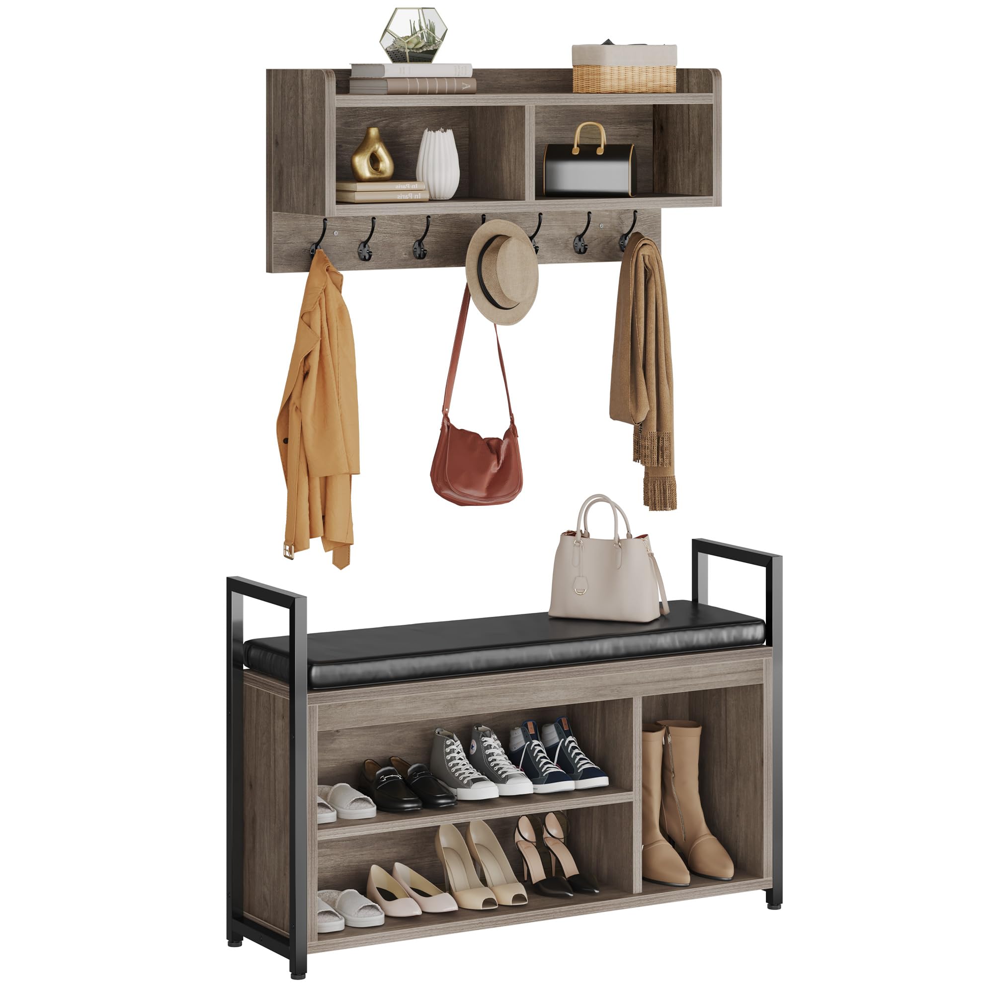 YITAHOME Industrial Hall Tree with Bench - Wall Mount Coat Rack & Shoe Storage Organizer for Entryway, Hallway - Grey | Space-Saving Entryway Solution for Small Homes & Apartments
