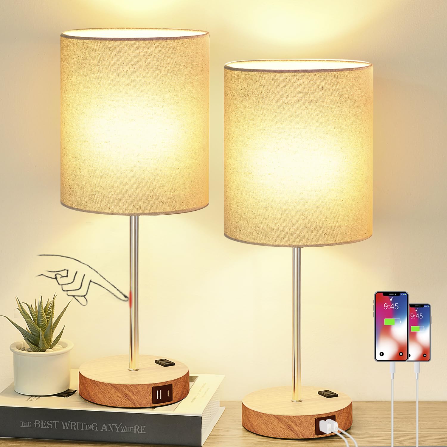 Lynnoland Touch Wood Table Lamps Set of 2 - USB & AC Outlet Bedside Lamps, 3-Way Dimmable Nightstand Lighting with 800 Lumens 2700K Warm White Bulbs Included - Perfect for Bedroom, Living Room, Nursery & Office Decor