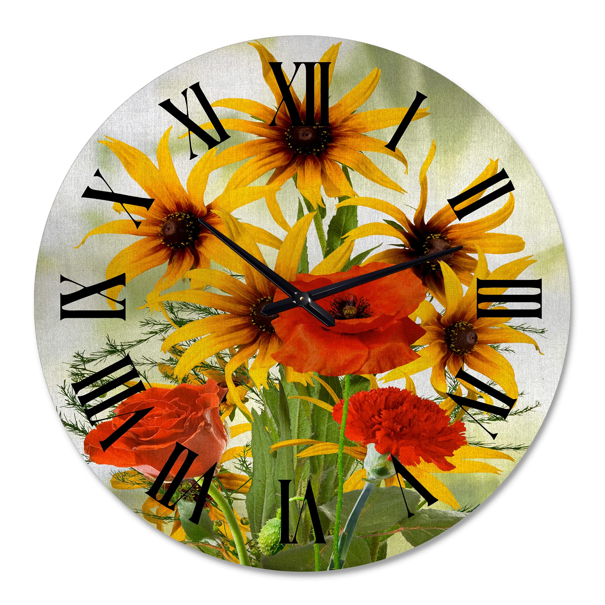 DesignQ Traditional Wall Clock - Large Floral & Botanical Wall Decor with Sunflowers and Poppies for Kitchen, Living Room, Bedroom, Office | Perfect Home Decoration Gift