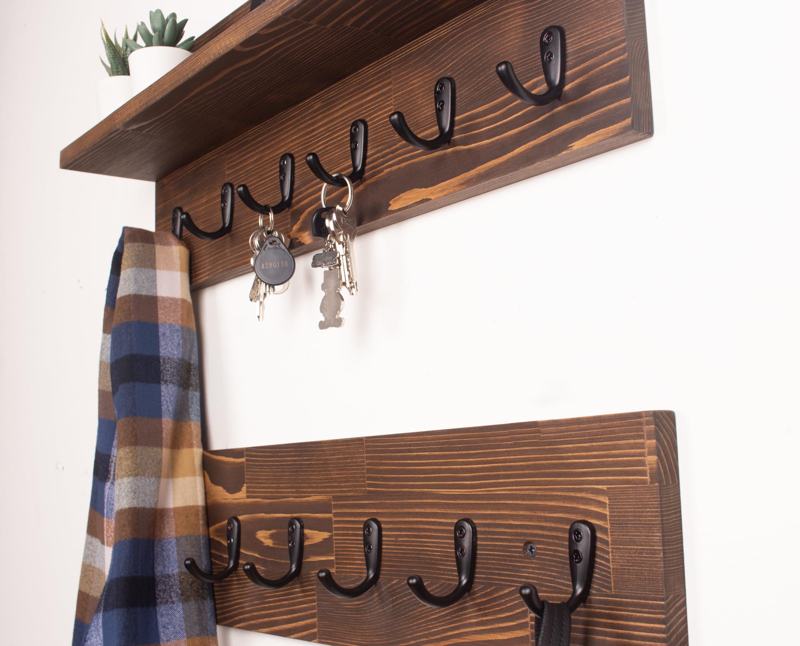 Wall Mounted Coat Rack with Floating Shelf - 24 Inch Rustic Wooden Entryway Organizer for Keys, Towels & Leashes (Set of 2 with 6 Hooks) - Perfect for Hallway, Mudroom & Bathroom Organization