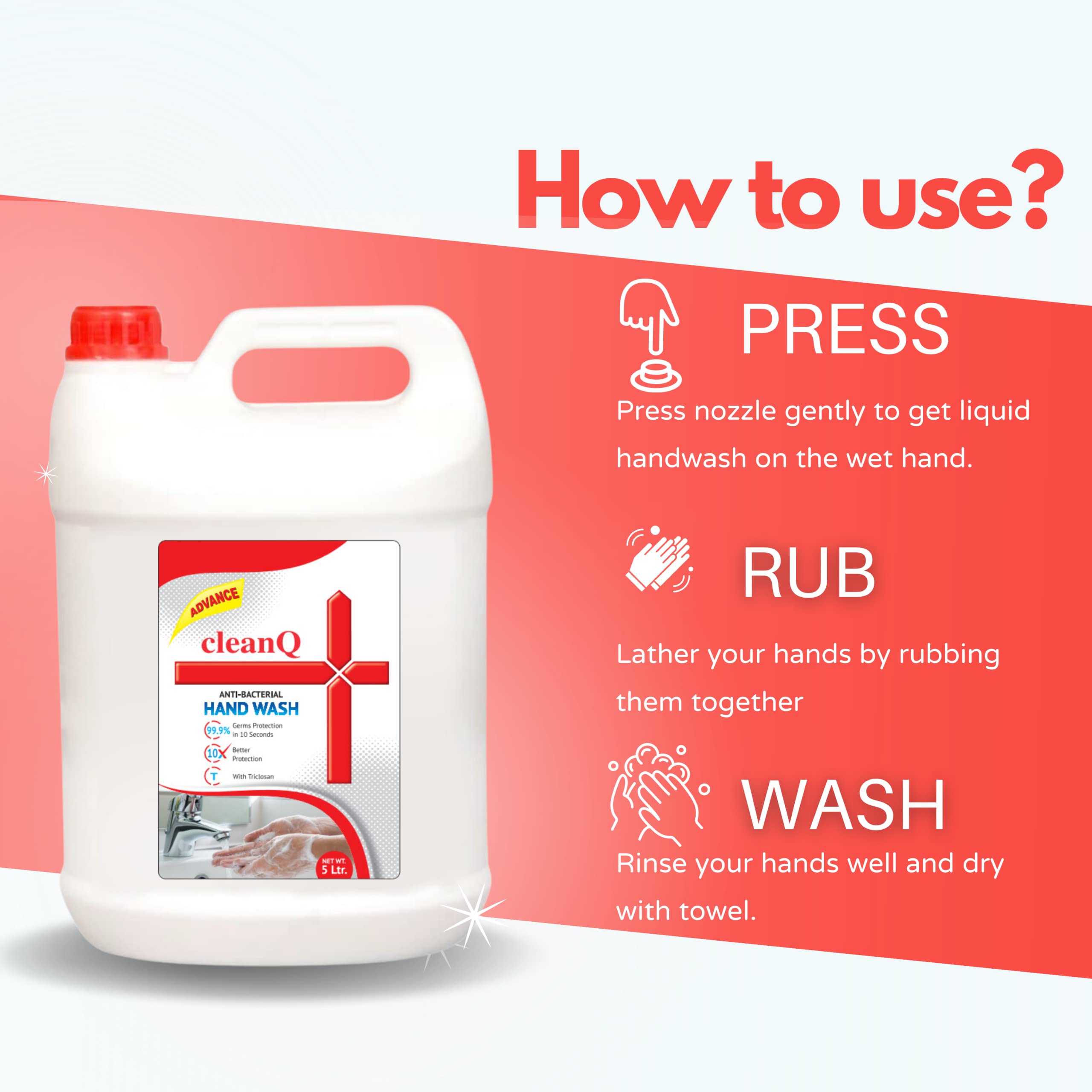 CleanQ Advanced Antibacterial Hand Wash - 5L Moisturizing Formula, Gentle on Skin, Kills Germs in 10 Seconds | 10X Better Germ Protection | Ideal for Homes, Hospitals & Public Spaces