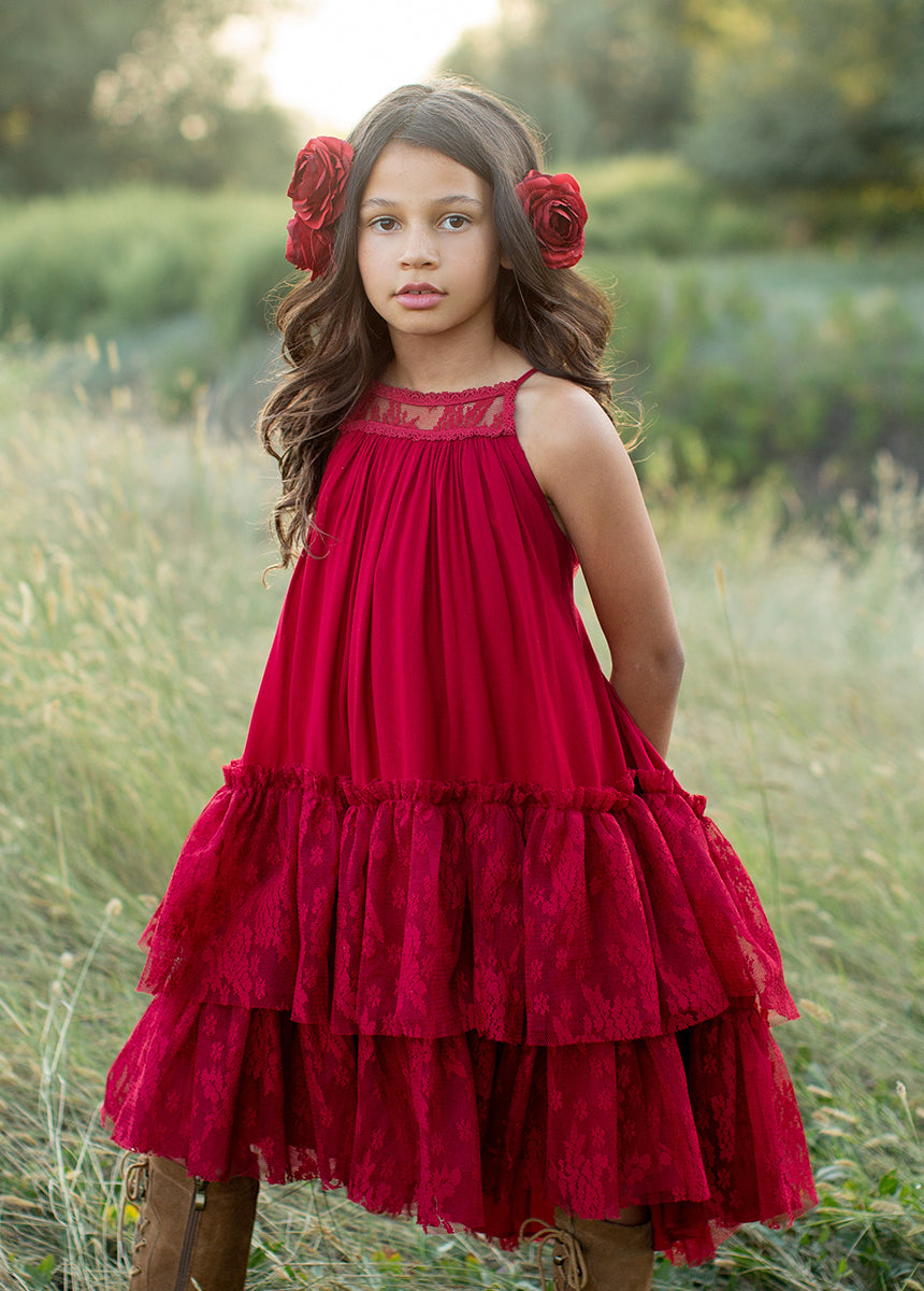 Elegant Catrina Dress in Crimson Red - Perfect for Daytime Outings, Parties, and Special Occasions