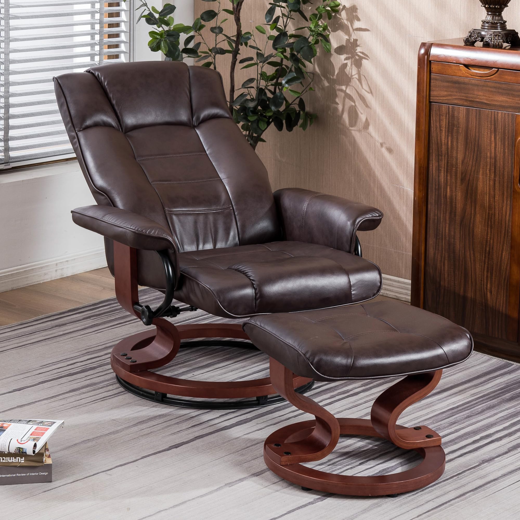 MCombo Manual Swivel Recliner Chair with Ottoman Set - Faux Leather Dark Brown Living Room Furniture for Small Spaces, RV, Bedroom & Office - Perfect for Relaxing, Reading & Watching TV
