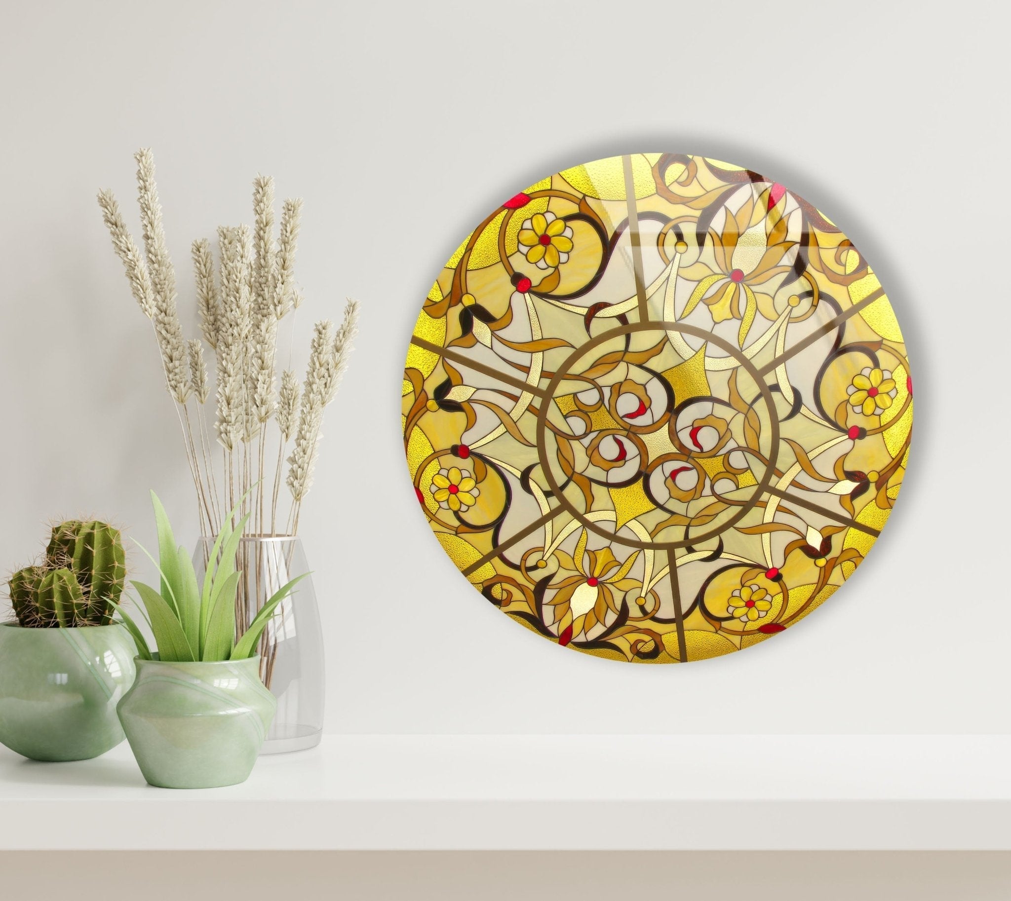 Abstract Round Yellow Glass Wall Art Decor - Modern Handmade Glass Mural for Living Room, Bedroom & Office - Unique Home Decor Gift Idea