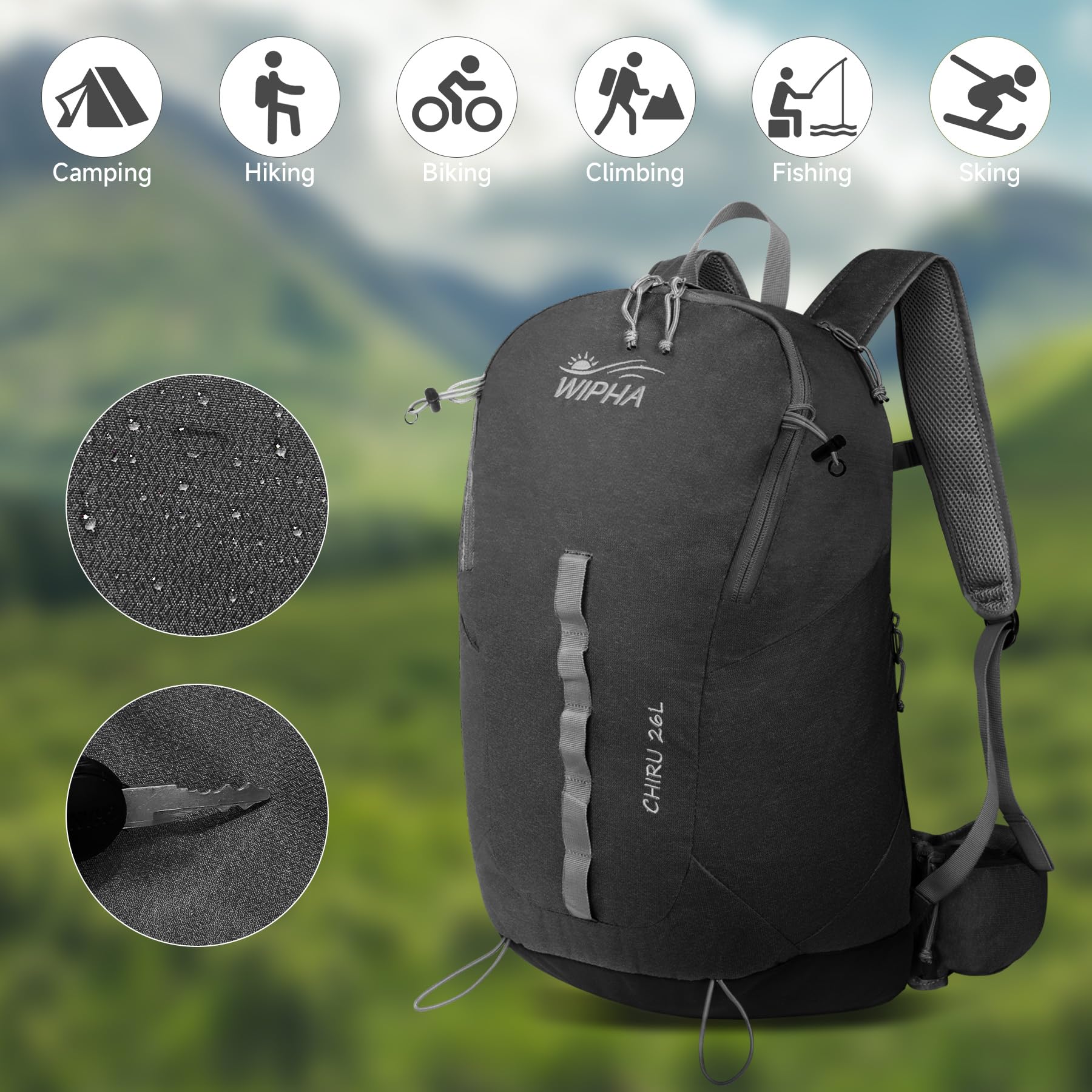 WIPHA 26L Lightweight Hiking Backpack with Aluminum Support - Durable Daypack for Men & Women - Perfect for Outdoor Adventures, Travel & Daily Commute (Black)