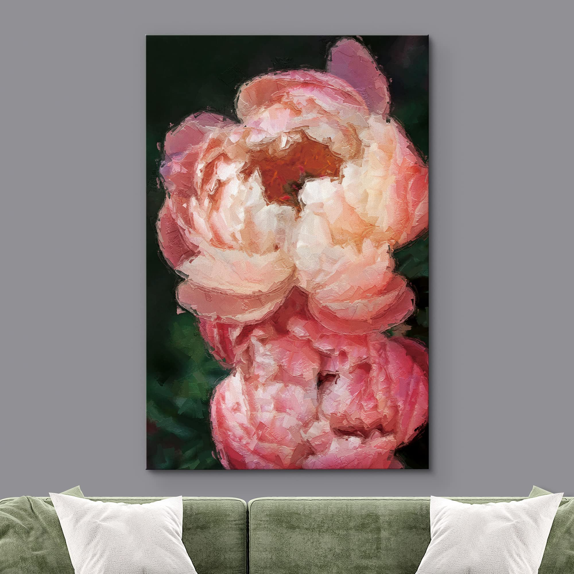 Orange & Pink Coral Charm Peony Bouquet Floral Canvas Wall Art - Impressionism Oil Painting for Living Room, Bedroom, Office Decor - 32x48 Inches - Vibrant Home & Workspace Accent