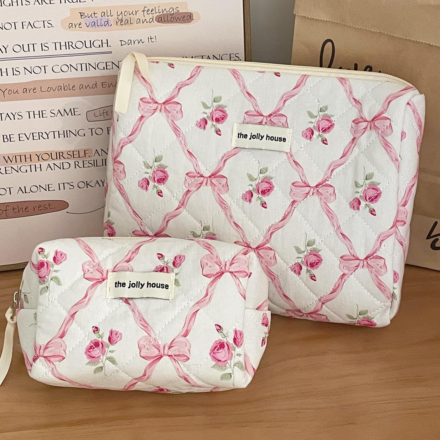 Floral Quilted Makeup Bag Set - 3 Pack Pink Bow Cosmetic Organizer for Travel & Toiletry