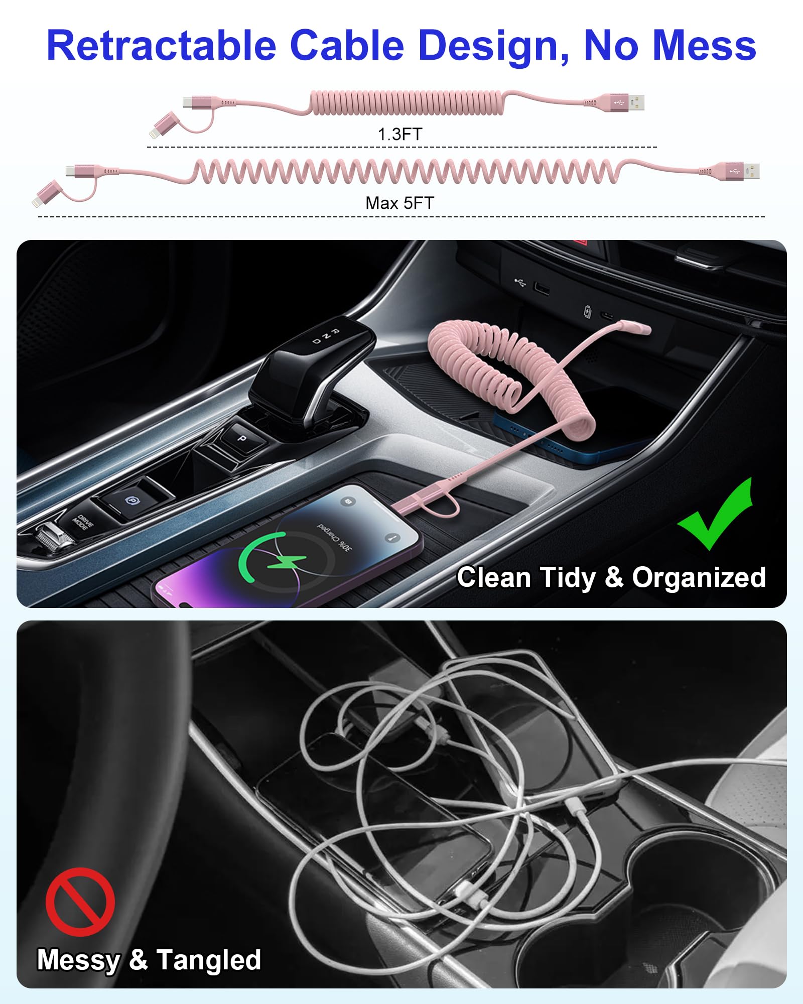 2-in-1 USB to Lightning & USB C Coiled Charging Cable - Pink iPhone & Android Fast Charger with Data Sync (Supports Apple CarPlay & Android Auto) - Perfect for iPhone 16/15/14/13/12/11 & Android Devices in Car, Home & Office Use