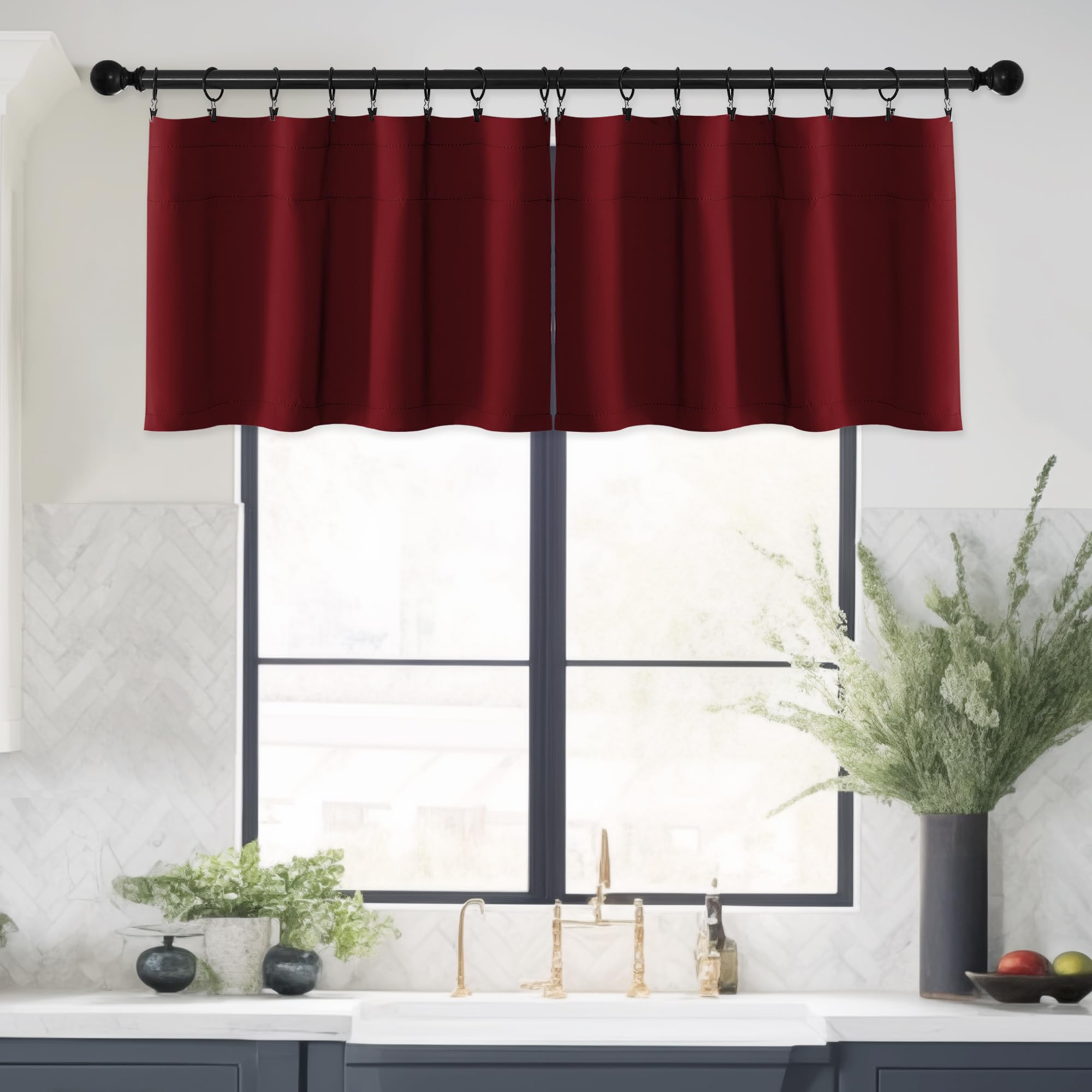 Burgundy Red 16-Inch Christmas Valance - Rod Pocket Blackout Window Curtain for Kitchen, Living Room, Bedroom & Bathroom - 42x16 Inch Single Panel - Perfect for Holiday Decor & Year-Round Home Decor