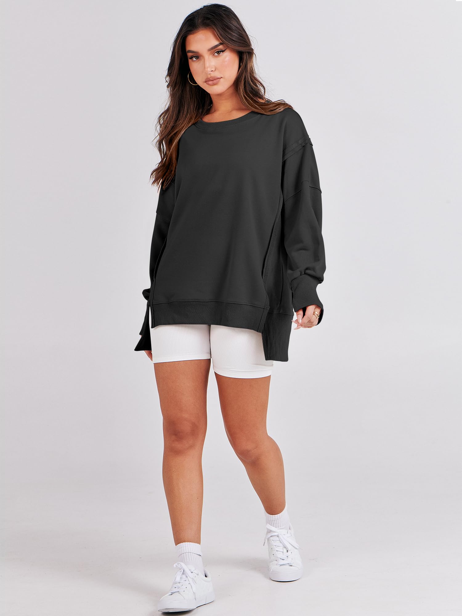ANRABESS Women's Oversized Sweatshirt - Soft Crewneck Long Sleeve Pullover - Casual Loose Fit with Side Slits - Cozy Fall Winter Fashion 2025 - Perfect for Lounge, Travel & Streetwear Outfits