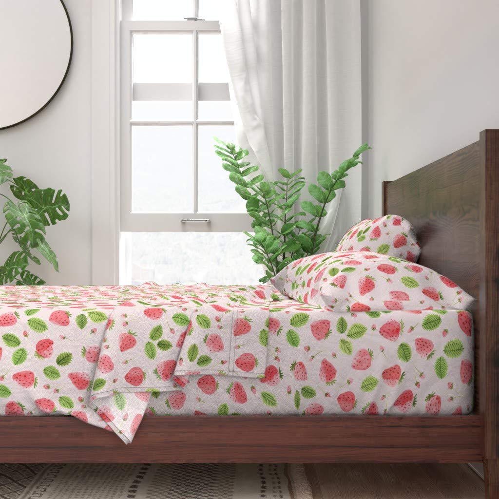 Strawberry Field Watercolor Cotton Sheets - 100% Twin 3pc Bedding Set with Summer Fruits & Pink Farm Print | Perfect for Kids Room, Guest Bedroom & Farmhouse Decor