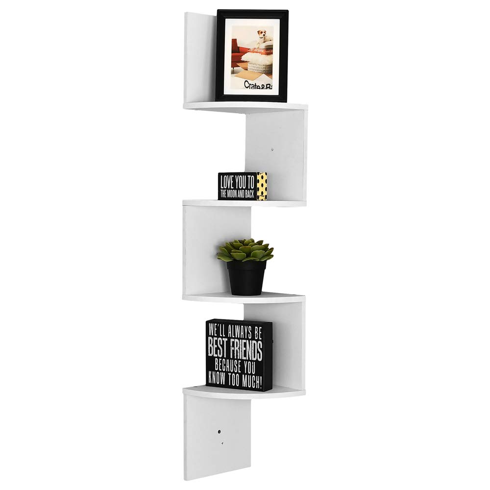WELLAND White Floating Shelf - 4 Tier Zig Zag Corner Wall Mounted Shelf for Bathroom, Kitchen, Living Room & Bedroom Storage