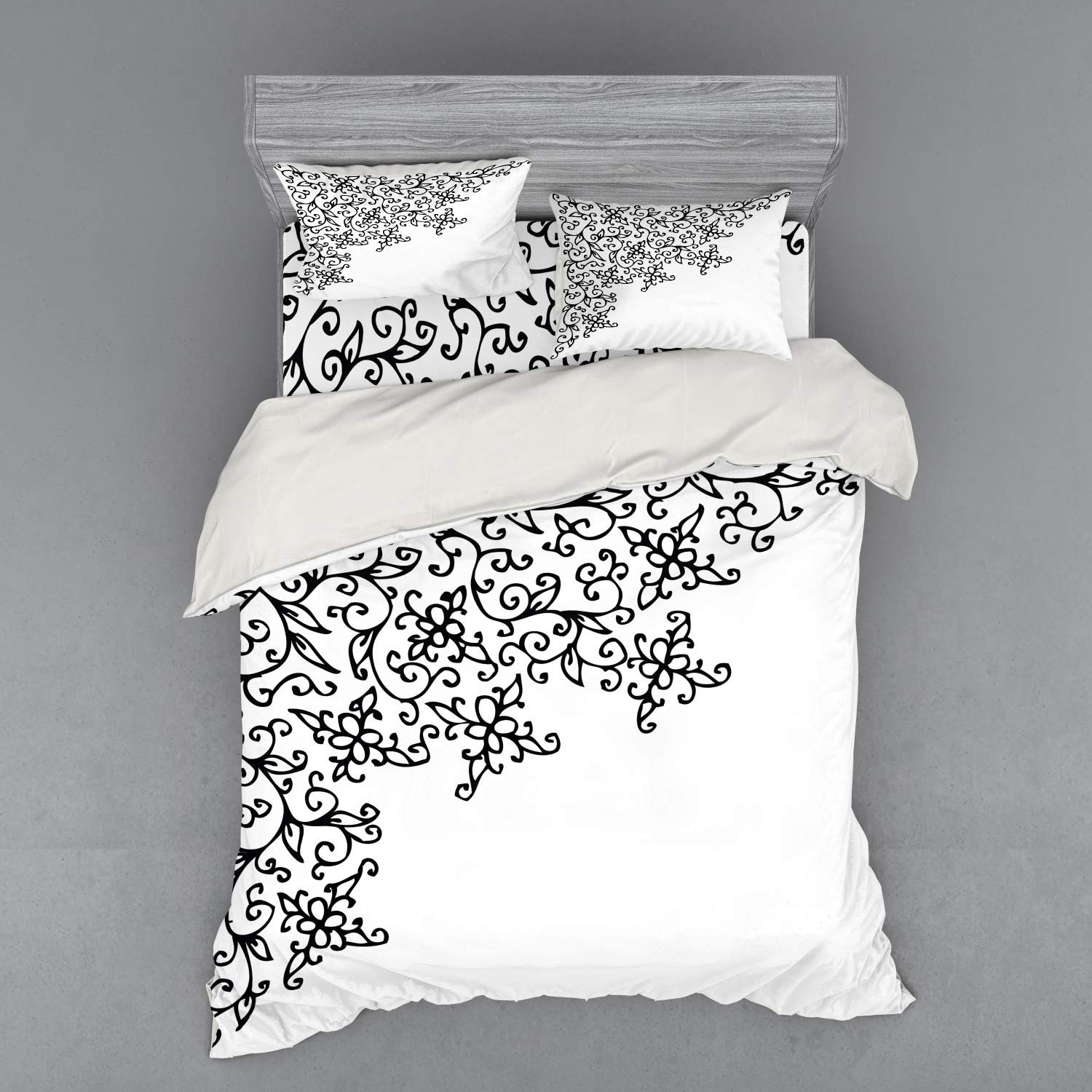 Ambesonne Abstract Floral Rococo Bedding Set - 4 Piece Duvet Cover with Shams & Fitted Sheet, Queen Size Black & White - Perfect for Modern Bedrooms & Guest Rooms
