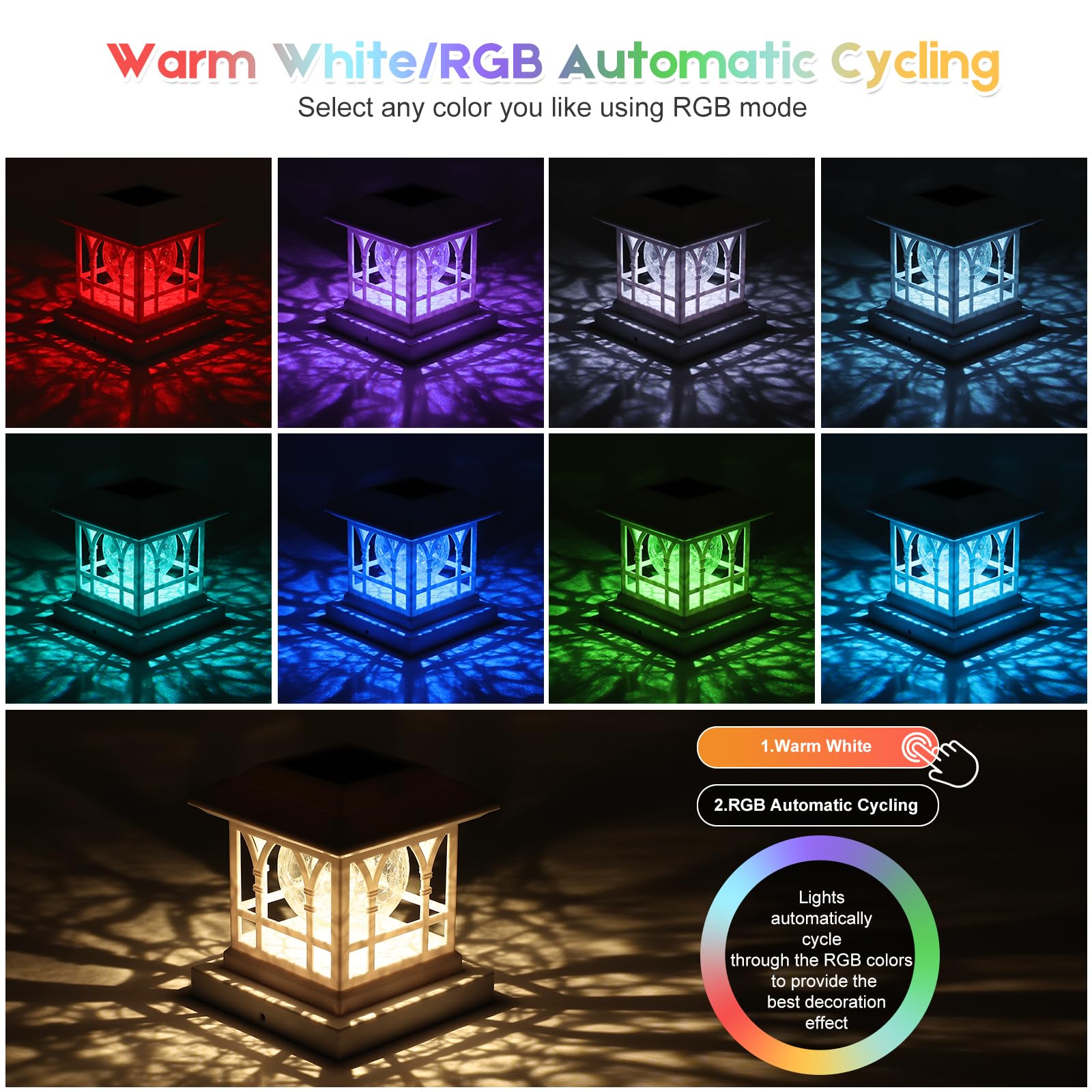 Solar Post Cap Lights for Fence - 20 Lumens Warm White & RGB Auto Cycling (12 Pack) - Waterproof Crackle Glass Design for 3.6x3.6