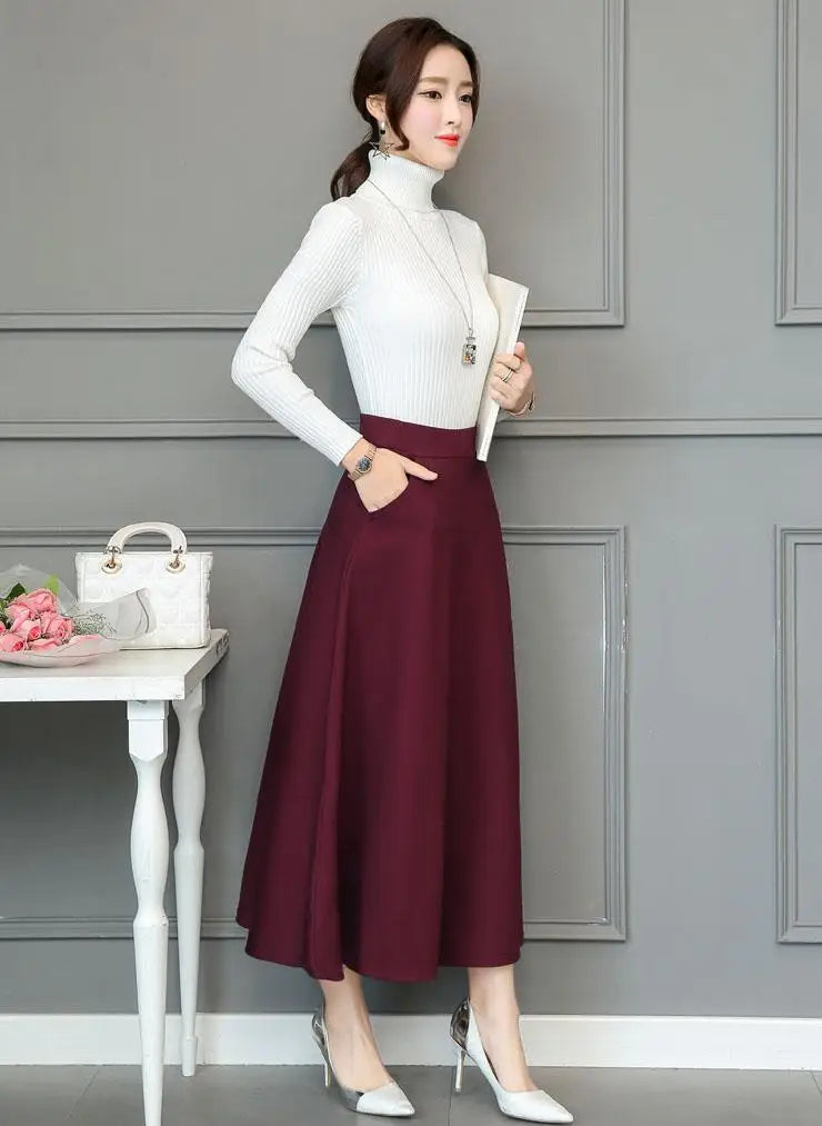 Black Elastic High Waist Pocket Long Skirt for Women - Plus Size Pleated Casual Skirt - Versatile Slimming Midi Skirt for Spring & Fall | Perfect for Office, Dating & Travel