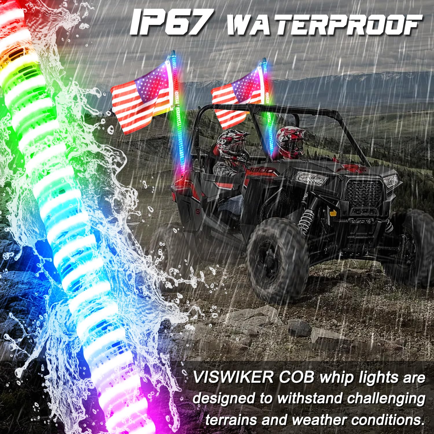 2PCS 4FT Upgraded COB LED Whip Lights - 16 Color Modes, Bend & Weather Resistant for ATV/UTV, Polaris RZR, Can-Am - Perfect for Off-Road Adventures, Night Riding & Outdoor Camping
