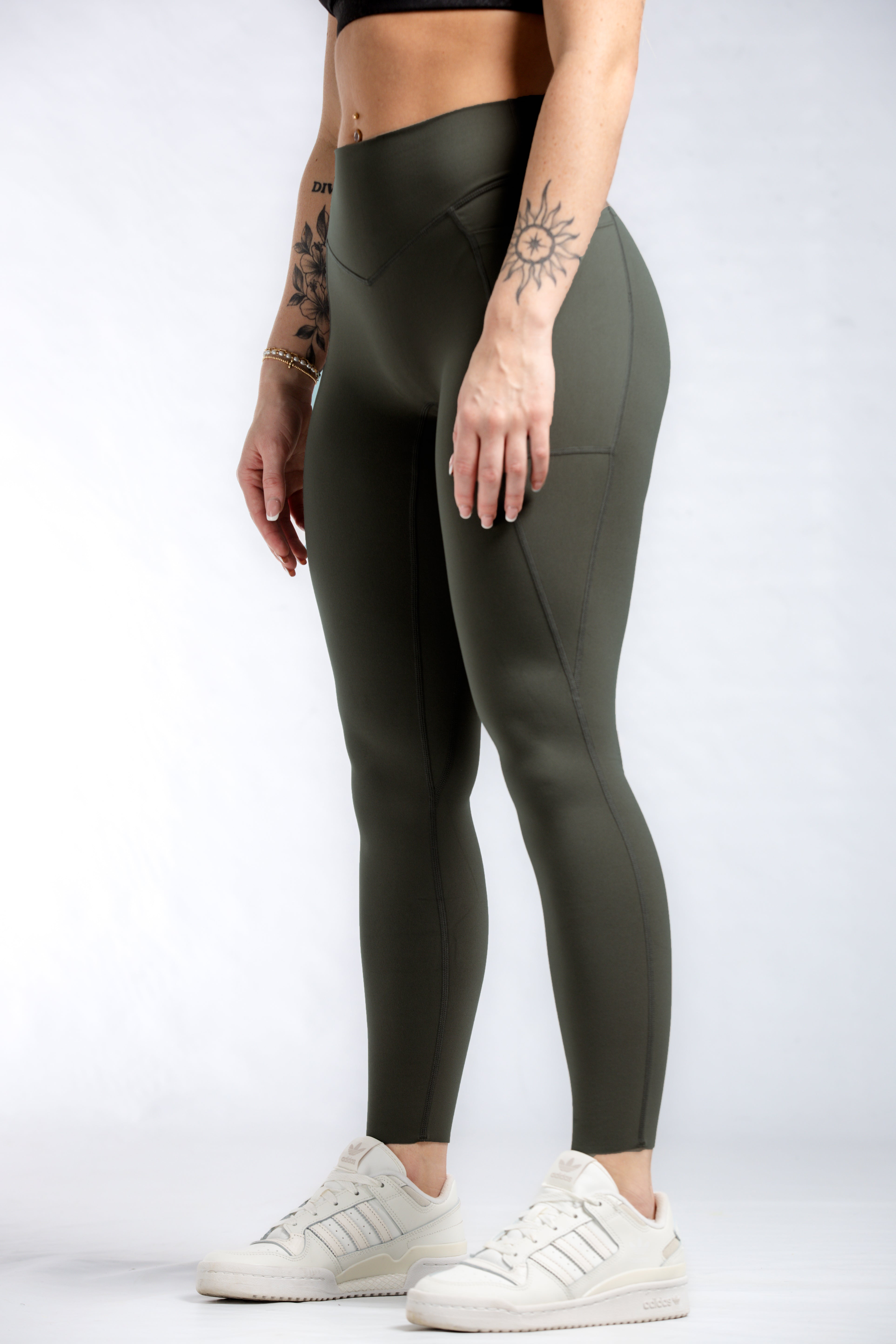 NKD Women's High-Waisted Leggings with Pockets - OD Green Tactical Yoga Pants for Workout, Running & Outdoor Activities