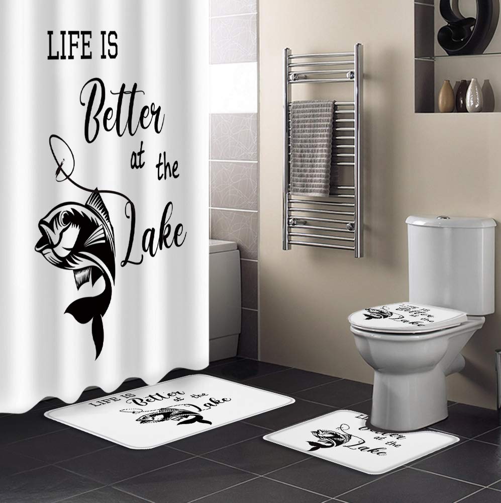 Prime Leader 4-Piece Bathroom Set - Waterproof Fishing Hook 'Life is Better at The Lake' Shower Curtain (66x72 inches), Non-Slip Bath Mat, U-Shaped Toilet Mat & Lid Cover | Lake House Decor, Cabin Bathroom Accessories, Rustic Cottage Style