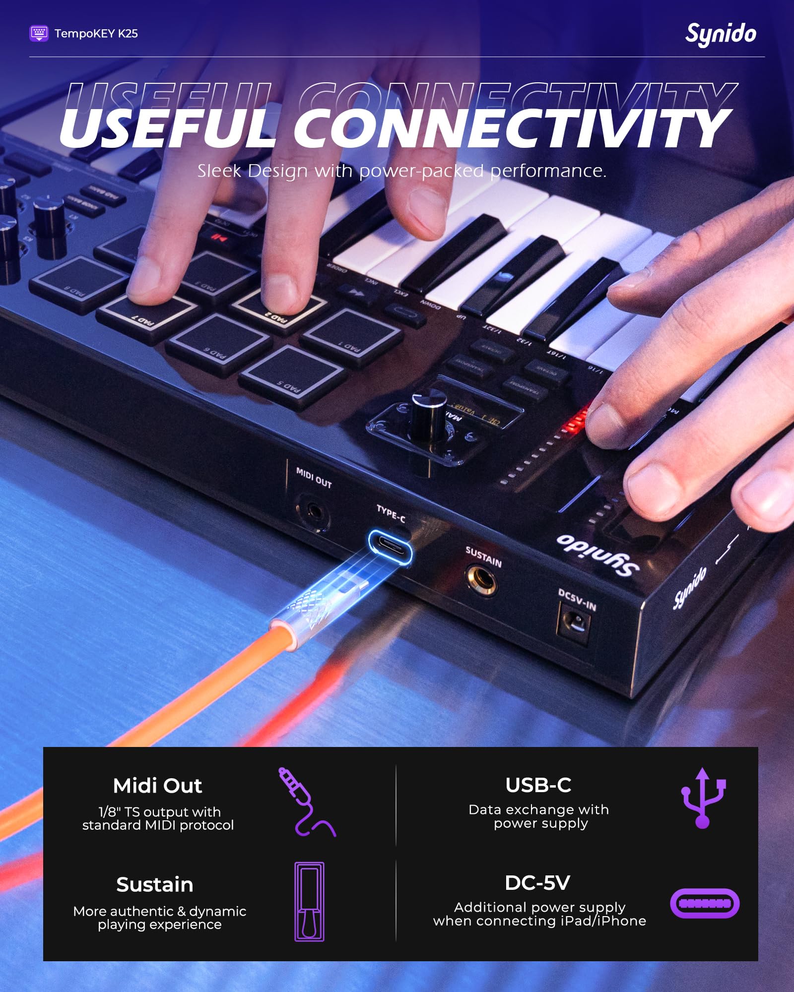 TempoKEY K25 - 25 Key USB C MIDI Keyboard Controller with Drum Pads, Velocity-sensitive Full-size Keys & OLED Screen | Portable Beat Maker for Music Production (Black) | Perfect for Home Studios, Live Performances & Electronic Music Creation