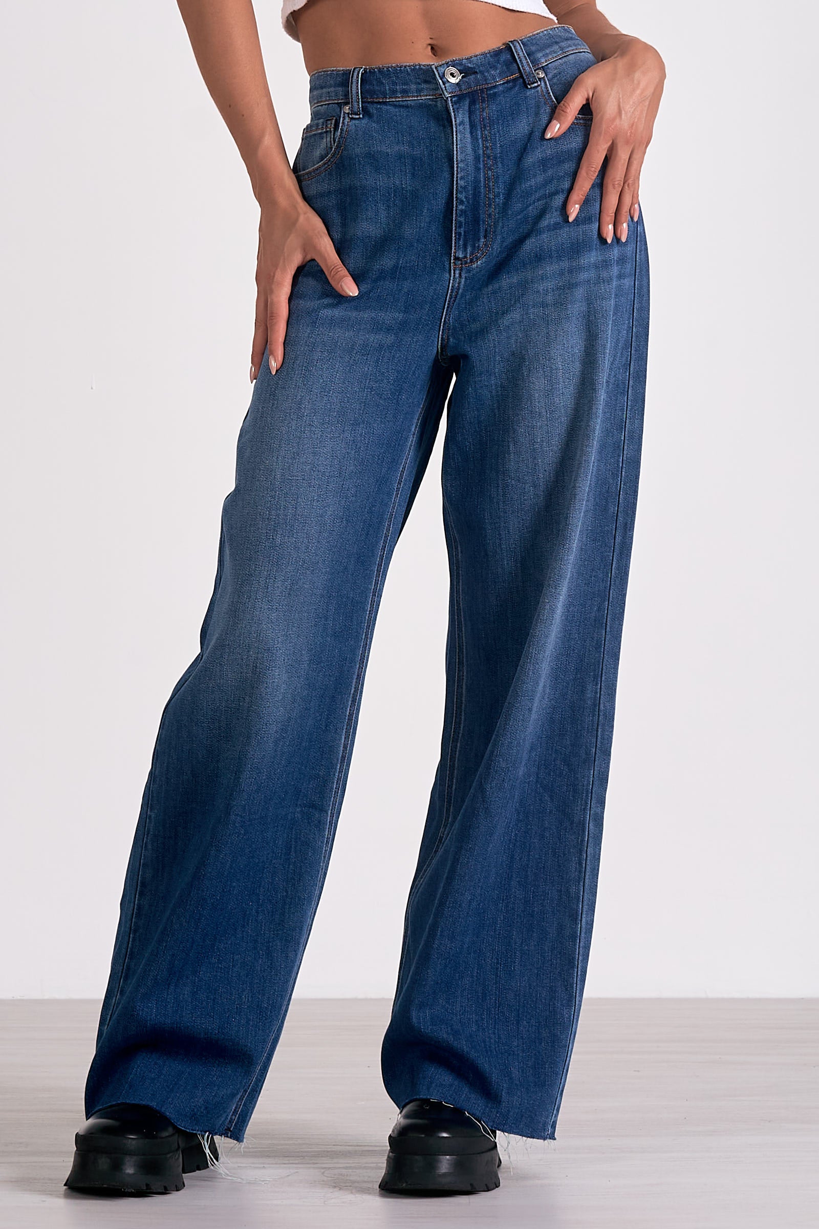 Blue Wash Wide Leg Jeans for Women - High Waisted Comfort Denim Pants - Perfect for Casual Outfits & Boho Style