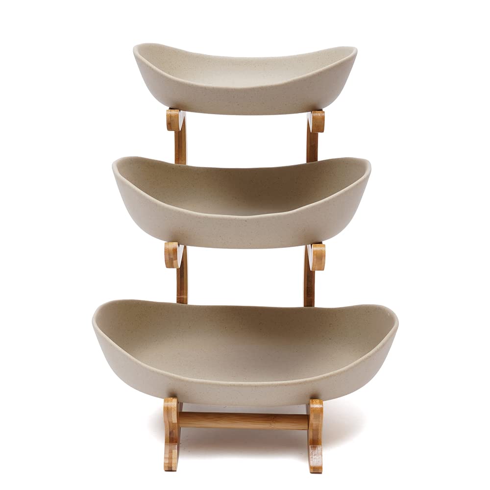 3-Tier Ceramic Fruit Basket Bowl Set - Oval Serving Bowl for Fruits, Vegetables, Snacks, Candy & Sushi Display | Perfect for Kitchen Counter, Dining Table, Party Buffet & Home Decor (Brown)