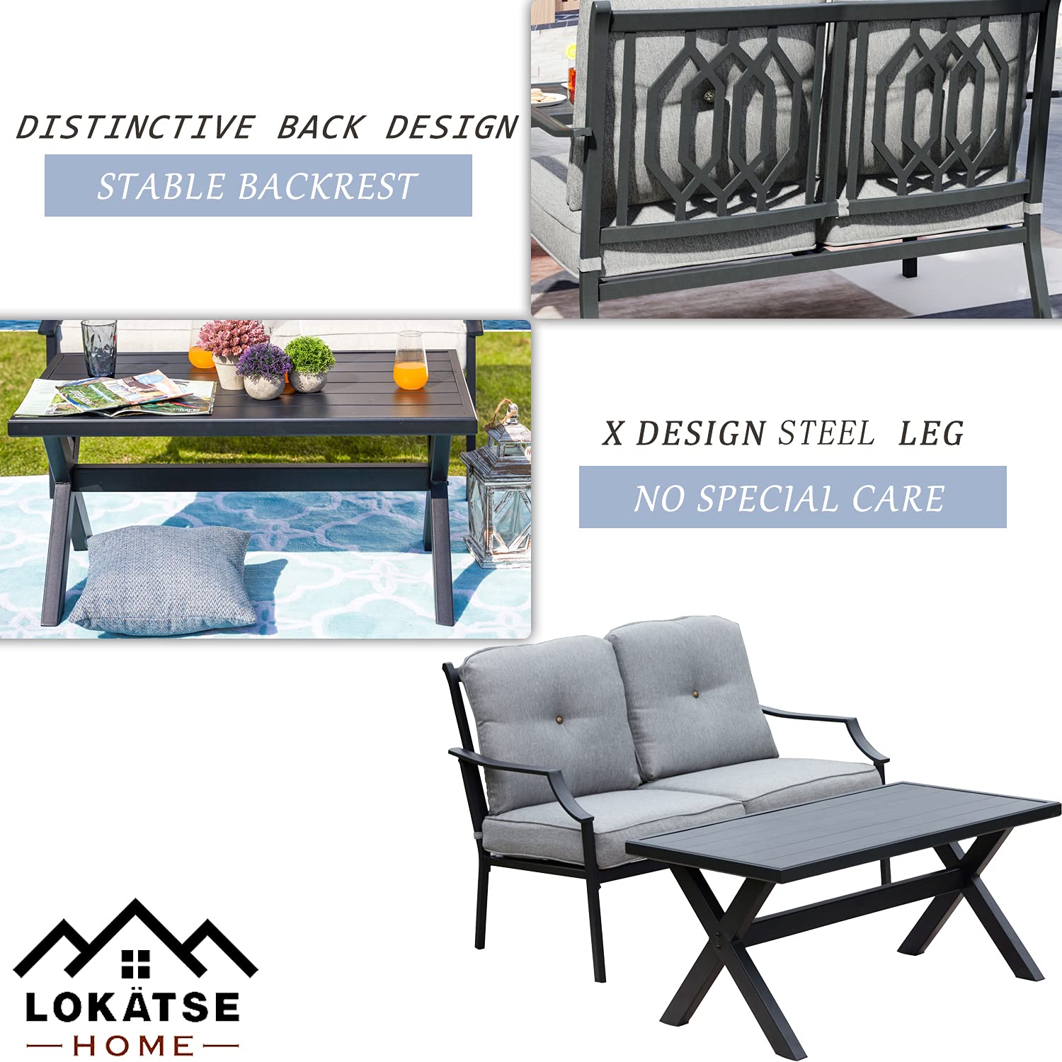 LOKATSE HOME Outdoor Loveseat and Coffee Table Set - 3-Piece Metal Patio Furniture with Cushions for Backyard, Poolside, Garden - Weather-Resistant Grey Conversation Set (Perfect for Relaxing, Entertaining Guests, and Outdoor Dining)