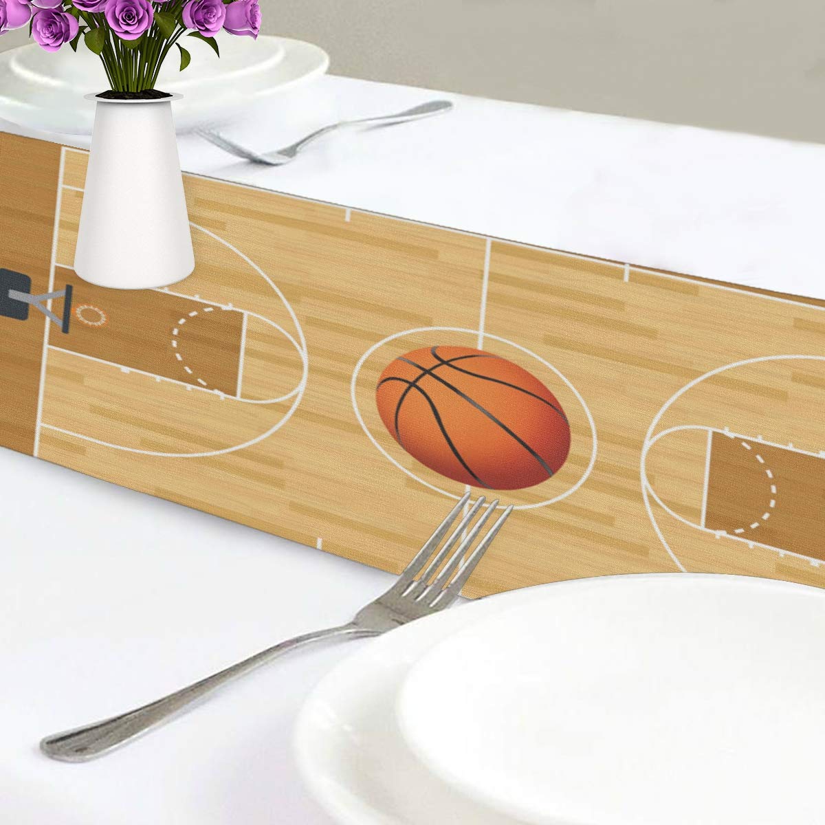 AUUXVA 13x90 Inch Sport Basketball Court Design Table Runner - Polyester Rectangular Tablecloth for Office, Kitchen, Dining, Wedding Party & Home Decor - Perfect for Game Day Decorations, Sports Themed Events and Basketball Fan Gifts