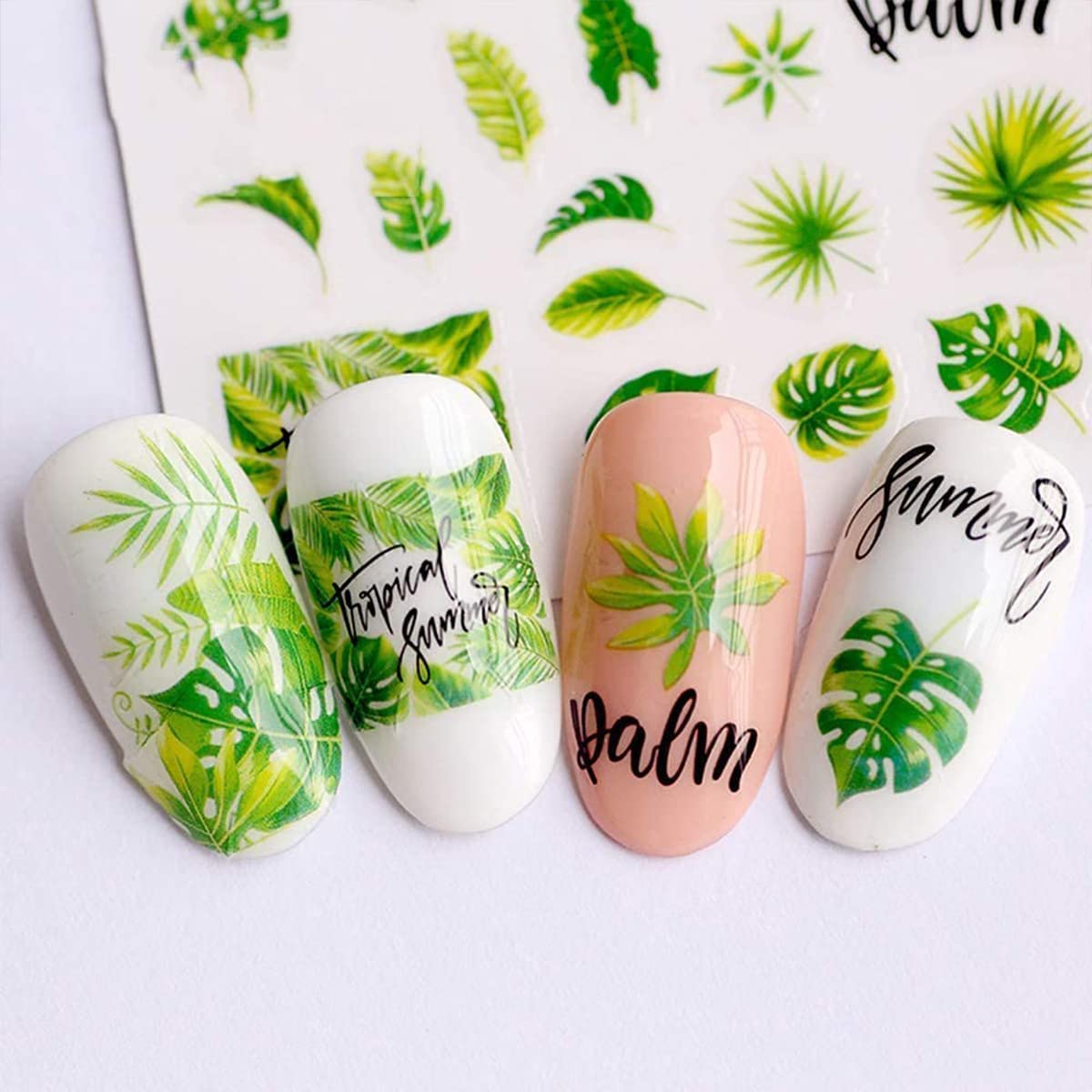 12 Sheets Summer Leaf Nail Art Stickers - 3D Self-Adhesive Nail Decals for Women, Palm Leaves & Clover Designs - Manicure Decorations & Nail Art Supplies | Perfect for Summer Nails, Beach Vacations & Tropical Themed Parties