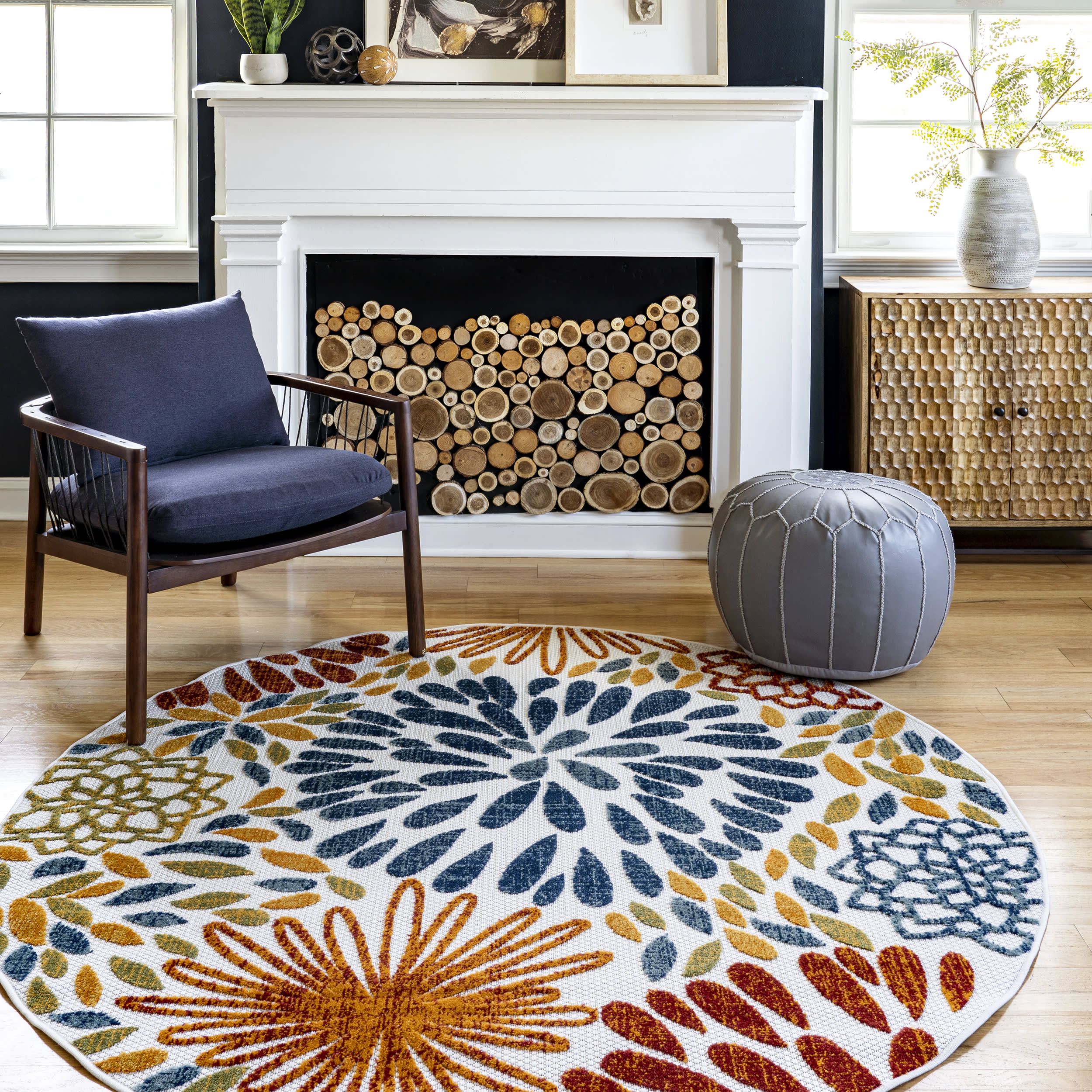 Floral Fireworks Indoor/Outdoor Area Rug - Blue Bohemian Design for Living Room, Bedroom & Patio Decor